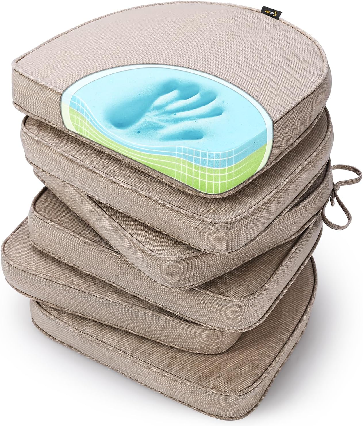 SUNROX Gel Memory Foam Chair Cushions, FadeShield Water-, Stain-Resistant Durable Reversible Seat Cushion Pads with Ties for Indoor/Outdoor Kitchen Dining Office, 17"x16", Set of 6, Heather Grey