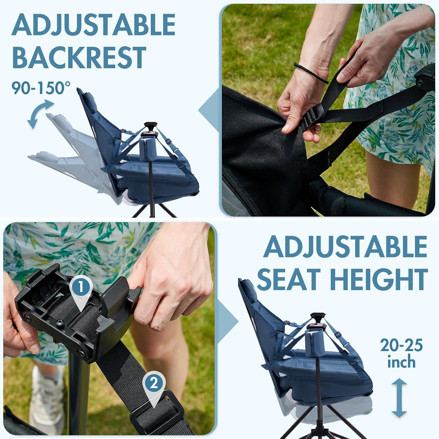 PORTAL Hammock Camping Chair, Portable Outdoor Swinging Chairs, Rocking Chair for Adults with Adjustable Back and Height for Lawn, Backyard, Patio, Supports 400 lbs, Breathable Mesh High Back, Blue