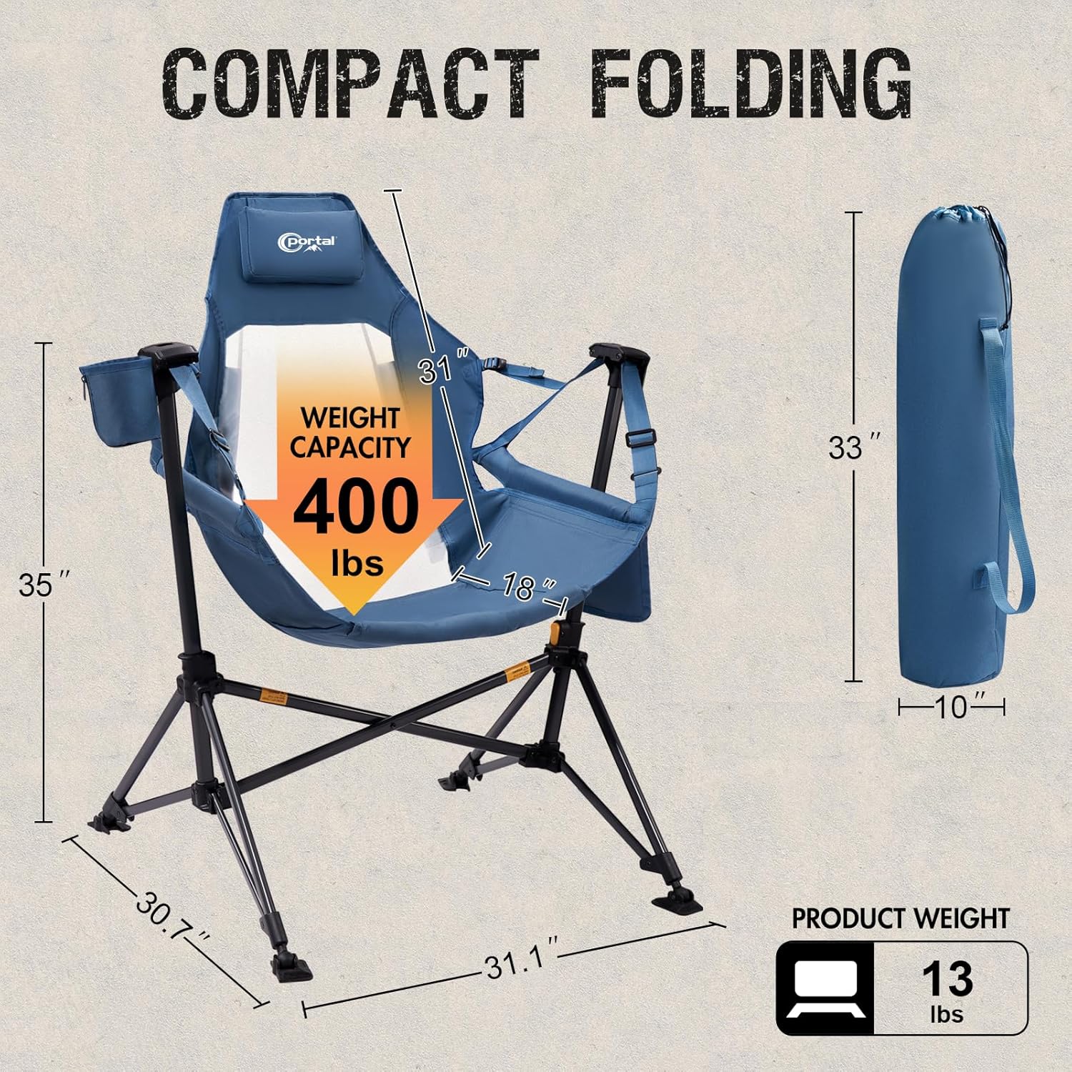 PORTAL Hammock Camping Chair, Portable Outdoor Swinging Chairs, Rocking Chair for Adults with Adjustable Back and Height for Lawn, Backyard, Patio, Supports 400 lbs, Breathable Mesh High Back, Blue