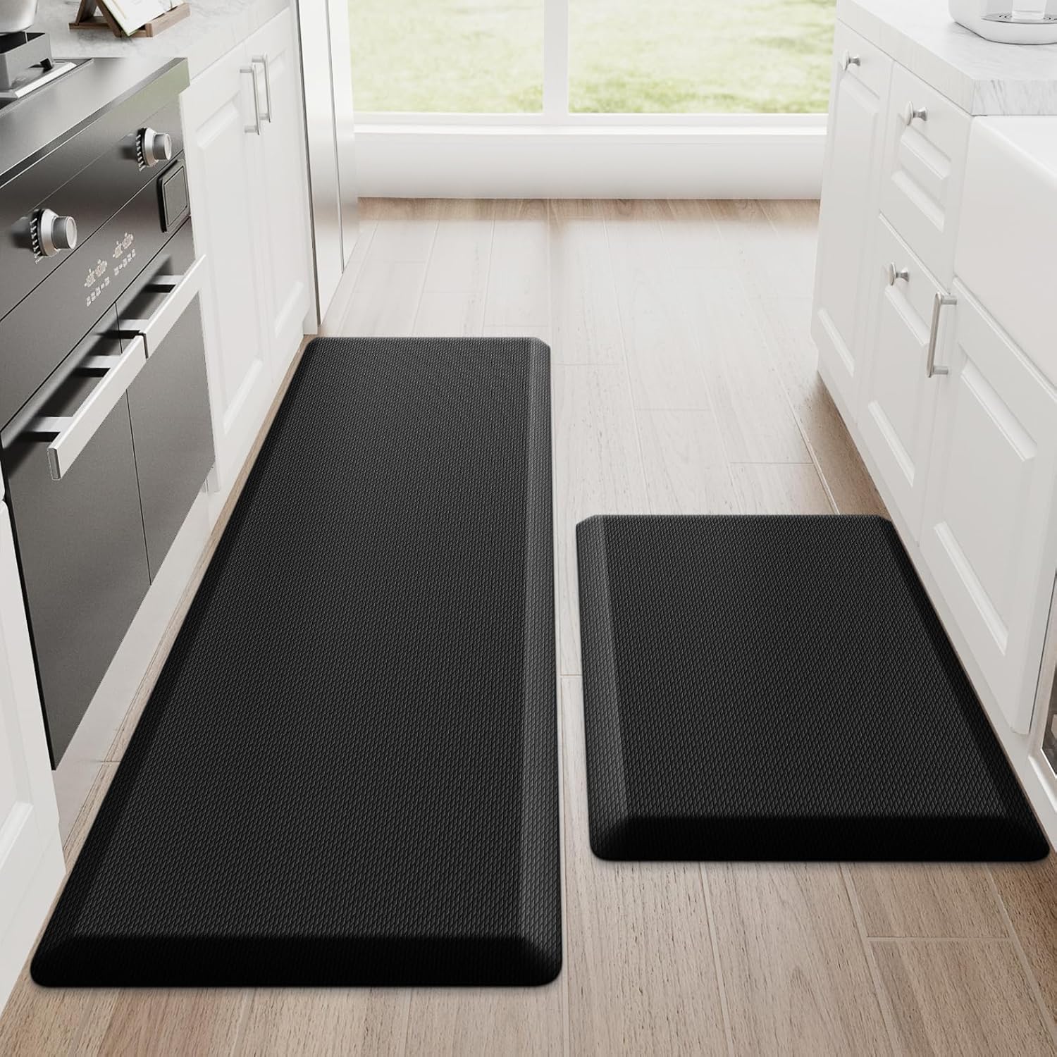 StepRite Kitchen Mats, 2PCS Kitchen Rugs, Cushioned Anti Fatigue Kitchen Mats for Floor, Non-Slip Standing Desk Mat, Waterproof Kitchen Rug Set for Kitchen,20" x 32"+20" x 94.5"-Full 1inch Thick,Black