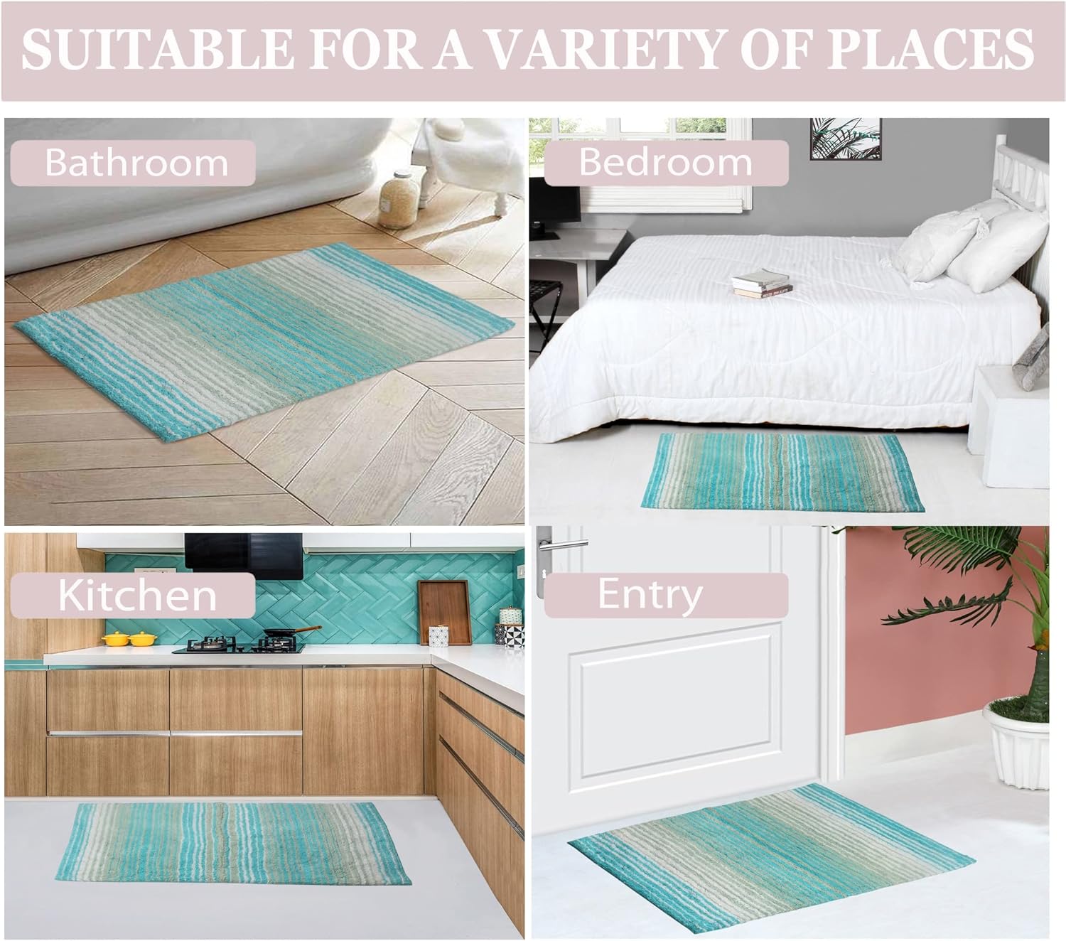 Home Weavers 100% Cotton Gradiation Collection Bathroom Décor, Washable Rug, Bathroom Mat, Kitchen Mat, Bathroom Rug Set, Bath Mat Set, Bath Floor Mat Non Slip, 4 Piece Set with Runner, Turquoise