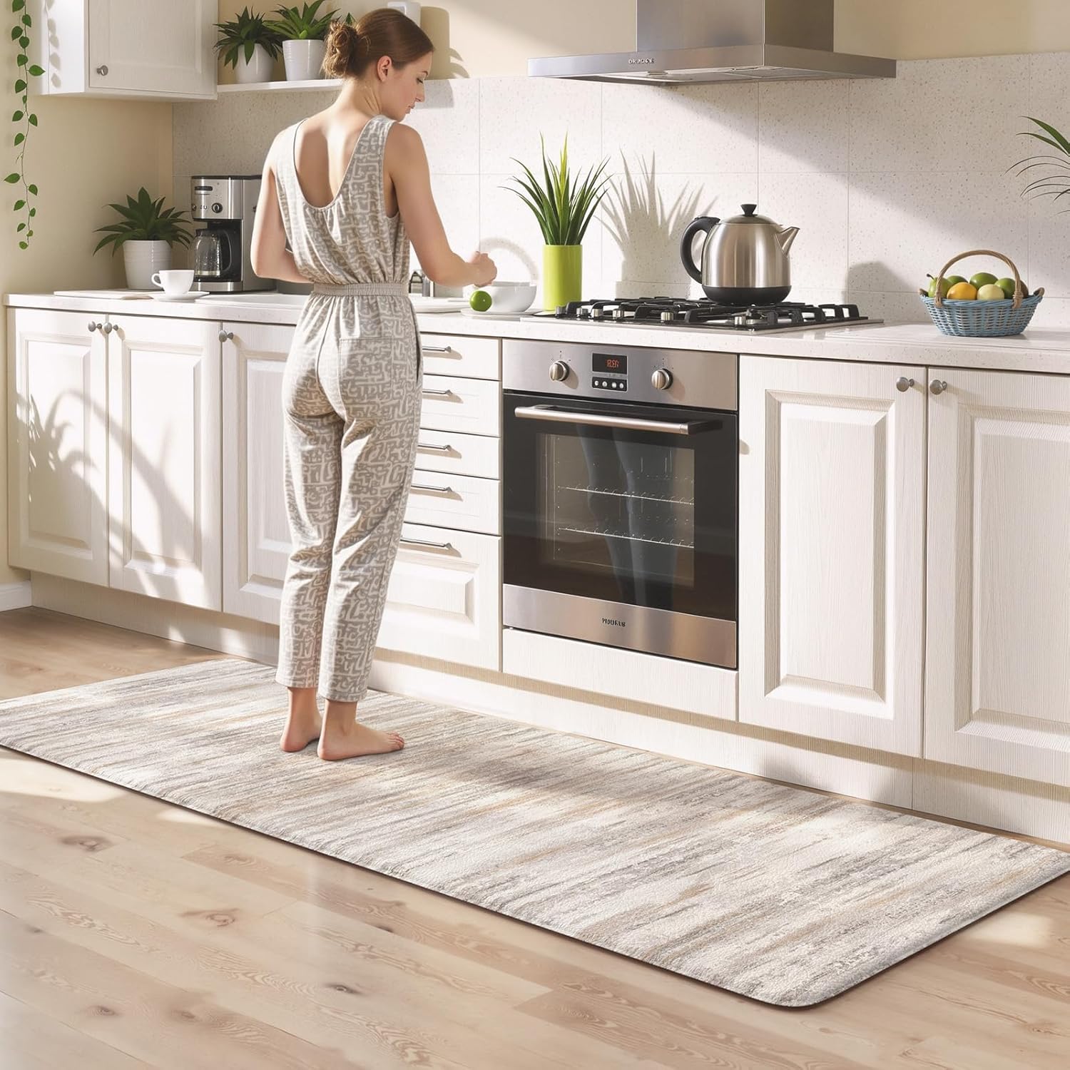 KIMODE Kitchen Anti Fatigue Mats, Farmhouse Abstract Kitchen Rugs Sets of 2, Memory Foam Kitchen Mats for Floor, Waterproof Non Skid Standing Mats for Sink Laundry Office Desk Brown 20"x71"+20"x32"