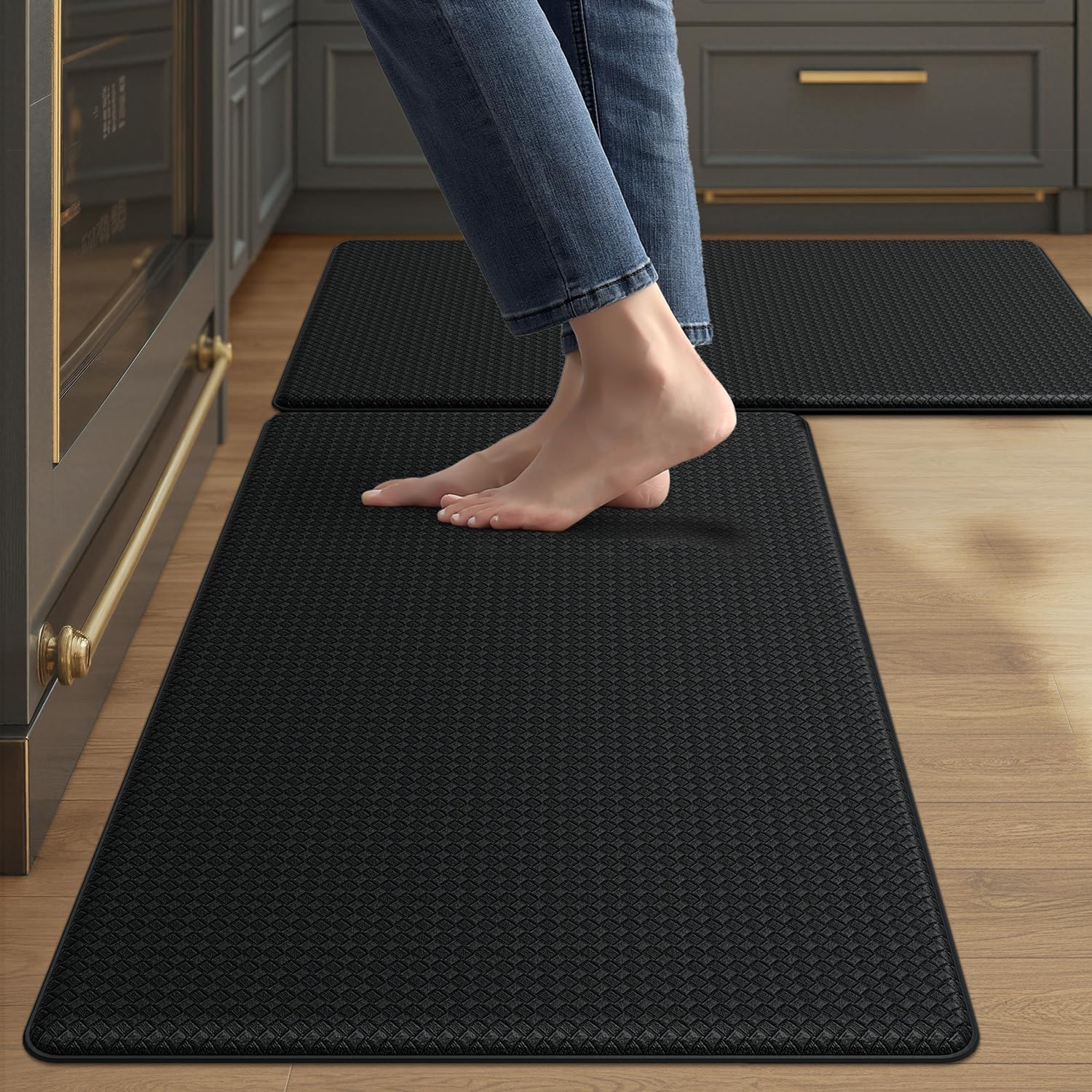 Color&Geometry Anti Fatigue Cushion Padded Kitchen Mat for Floor - 24x59+24x94,Easy Clean, Waterproof & Oil Proof, Anti Slip, Foam Rubber Runner Rug for Front Sink Comfort Standing, Black Set of 2
