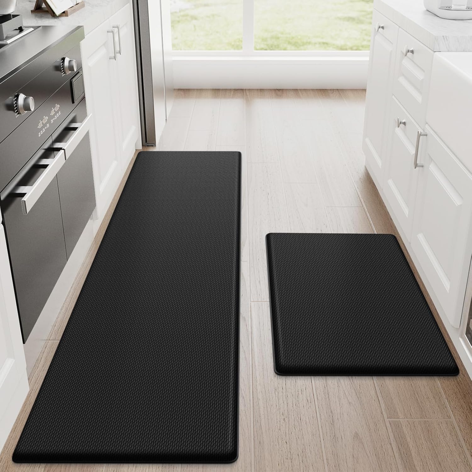 StepRite Kitchen Mats, 2PCS Kitchen Rugs, Cushioned Anti Fatigue Kitchen Mats for Floor, Non-Slip Standing Desk Mat, Waterproof Kitchen Rug Set for Kitchen,20" x 32"+20" x 94.5"-Full 1inch Thick,Black