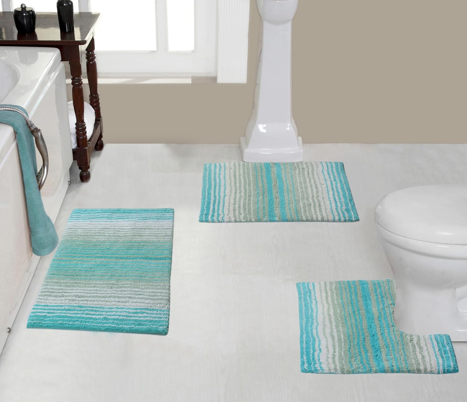 Home Weavers 100% Cotton Gradiation Collection Bathroom Décor, Washable Rug, Bathroom Mat, Kitchen Mat, Bathroom Rug Set, Bath Mat Set, Bath Floor Mat Non Slip, 4 Piece Set with Runner, Turquoise