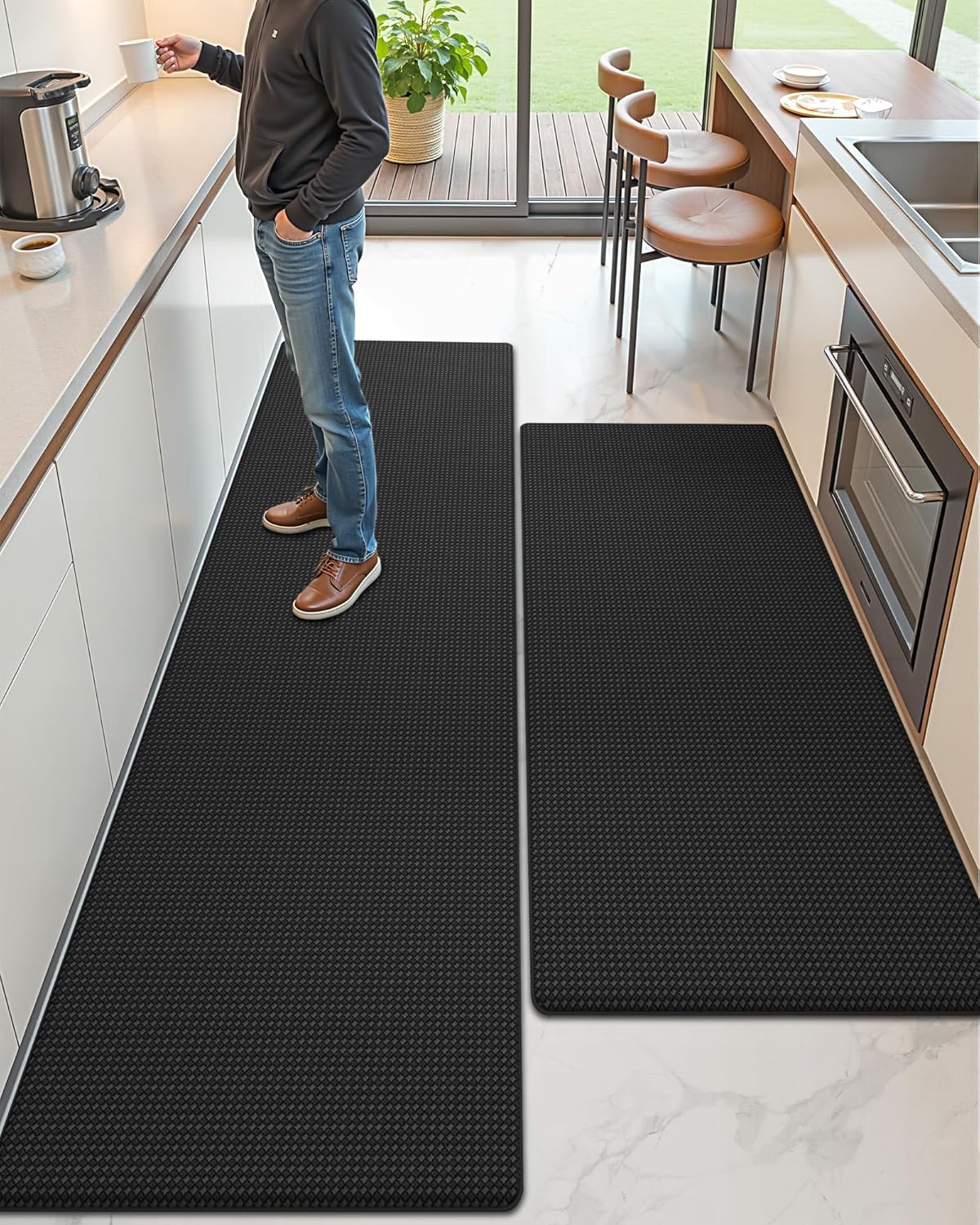 Color&Geometry Anti Fatigue Cushion Padded Kitchen Mat for Floor - 24x59+24x94,Easy Clean, Waterproof & Oil Proof, Anti Slip, Foam Rubber Runner Rug for Front Sink Comfort Standing, Black Set of 2