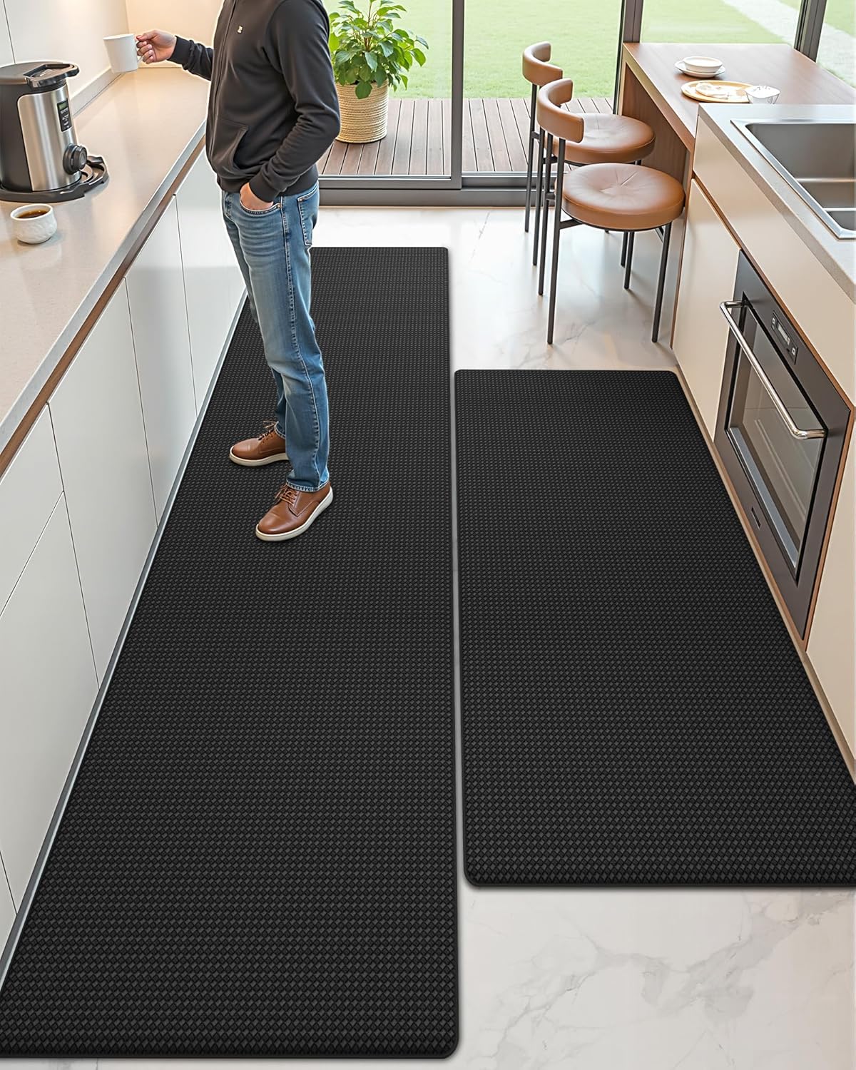 Color&Geometry Anti Fatigue Cushion Padded Kitchen Mat for Floor - 24x59+24x94,Easy Clean, Waterproof & Oil Proof, Anti Slip, Foam Rubber Runner Rug for Front Sink Comfort Standing, Black Set of 2