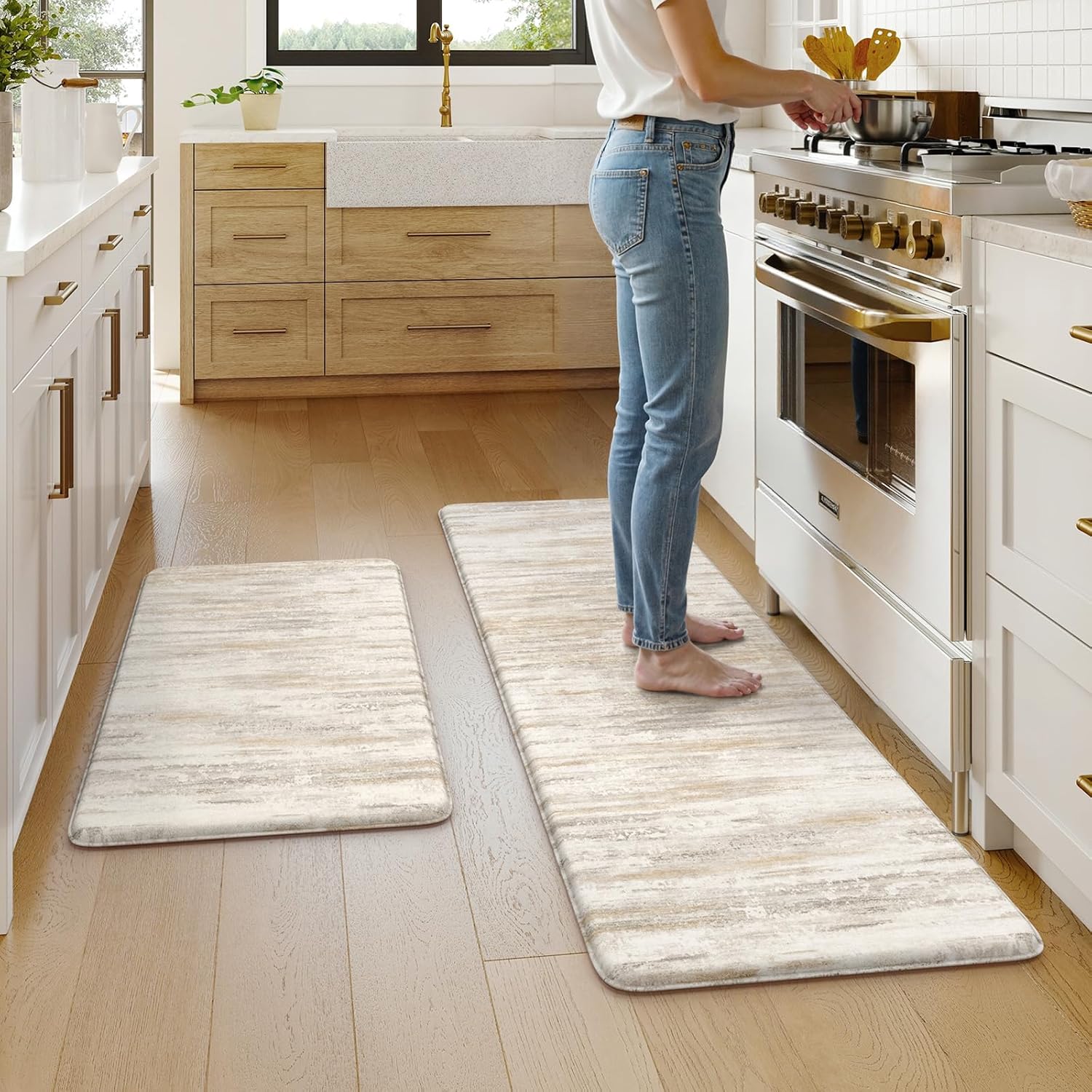 KIMODE Kitchen Anti Fatigue Mats, Farmhouse Abstract Kitchen Rugs Sets of 2, Memory Foam Kitchen Mats for Floor, Waterproof Non Skid Standing Mats for Sink Laundry Office Desk Brown 20"x71"+20"x32"