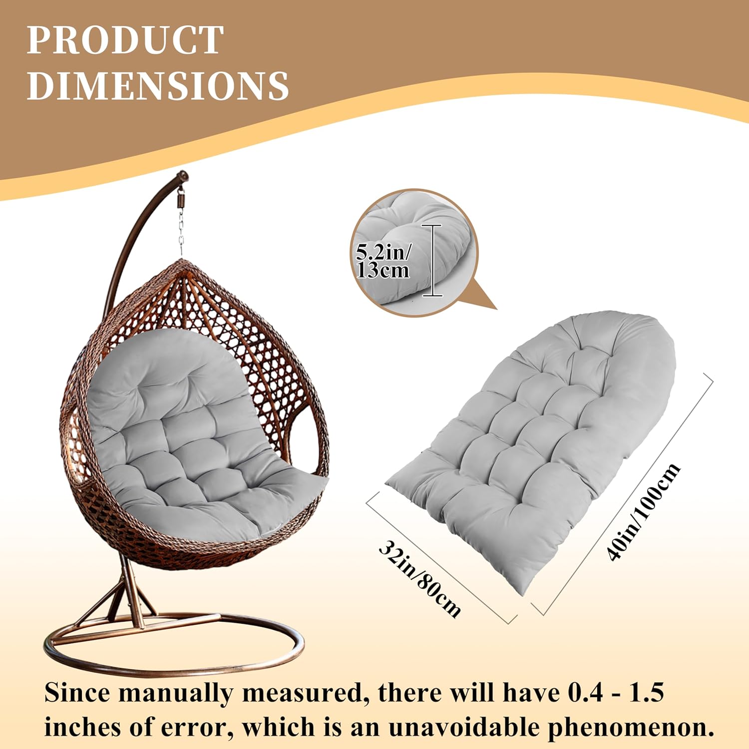 Thicken Egg Chair Cushion Replacement, Outdoor Hammock Swing Chair Cushions, Hanging Wicker Basket Seat Pad with High Elasticity PP Cotton, for Garden Patio Porch Furniture (Only Cushion)