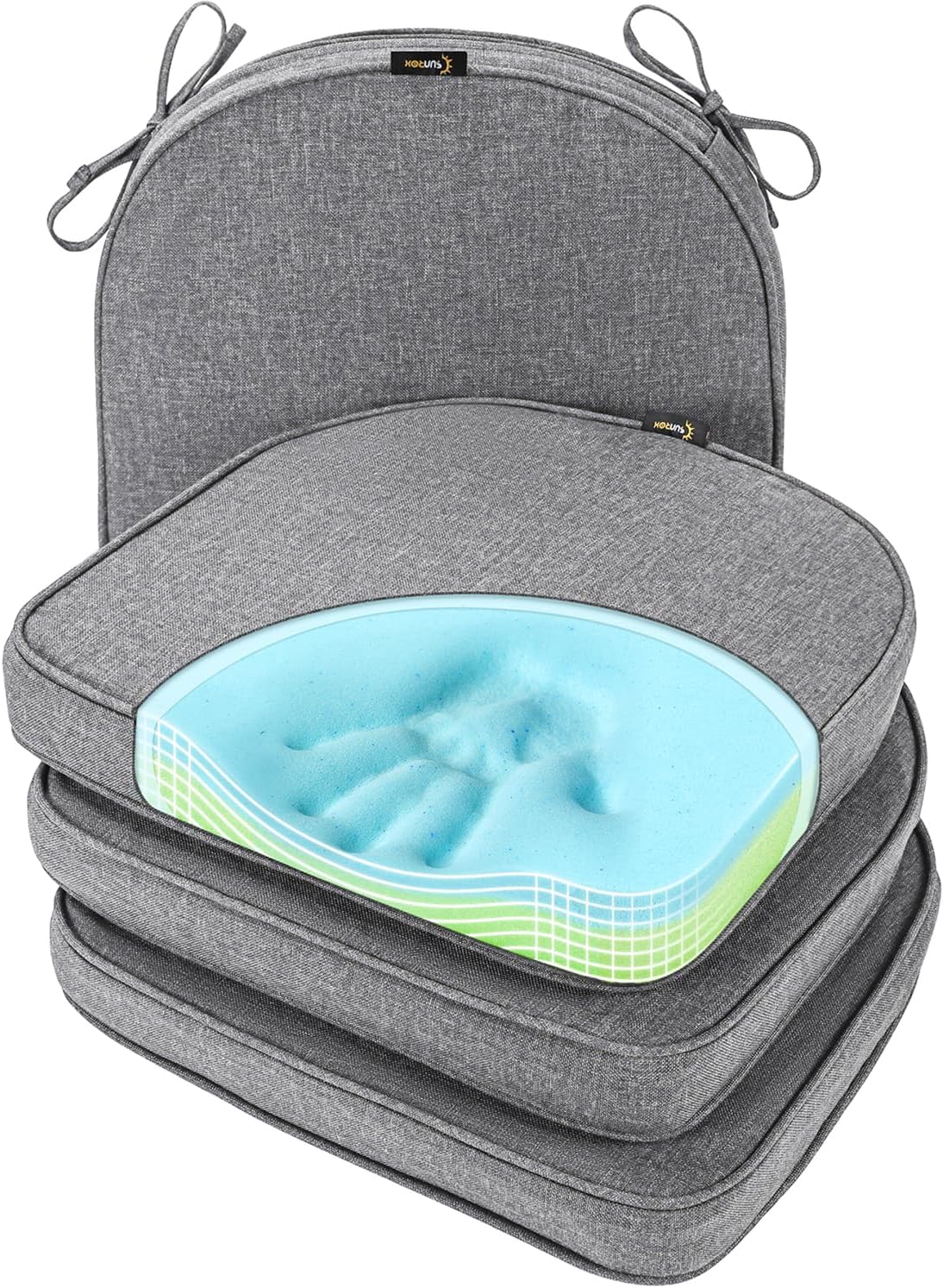 SUNROX Gel Memory Foam Chair Cushions, FadeShield Water-, Stain-Resistant Durable Reversible Seat Cushion Pads with Ties for Indoor/Outdoor Kitchen Dining Office, 17"x16", Set of 6, Heather Grey