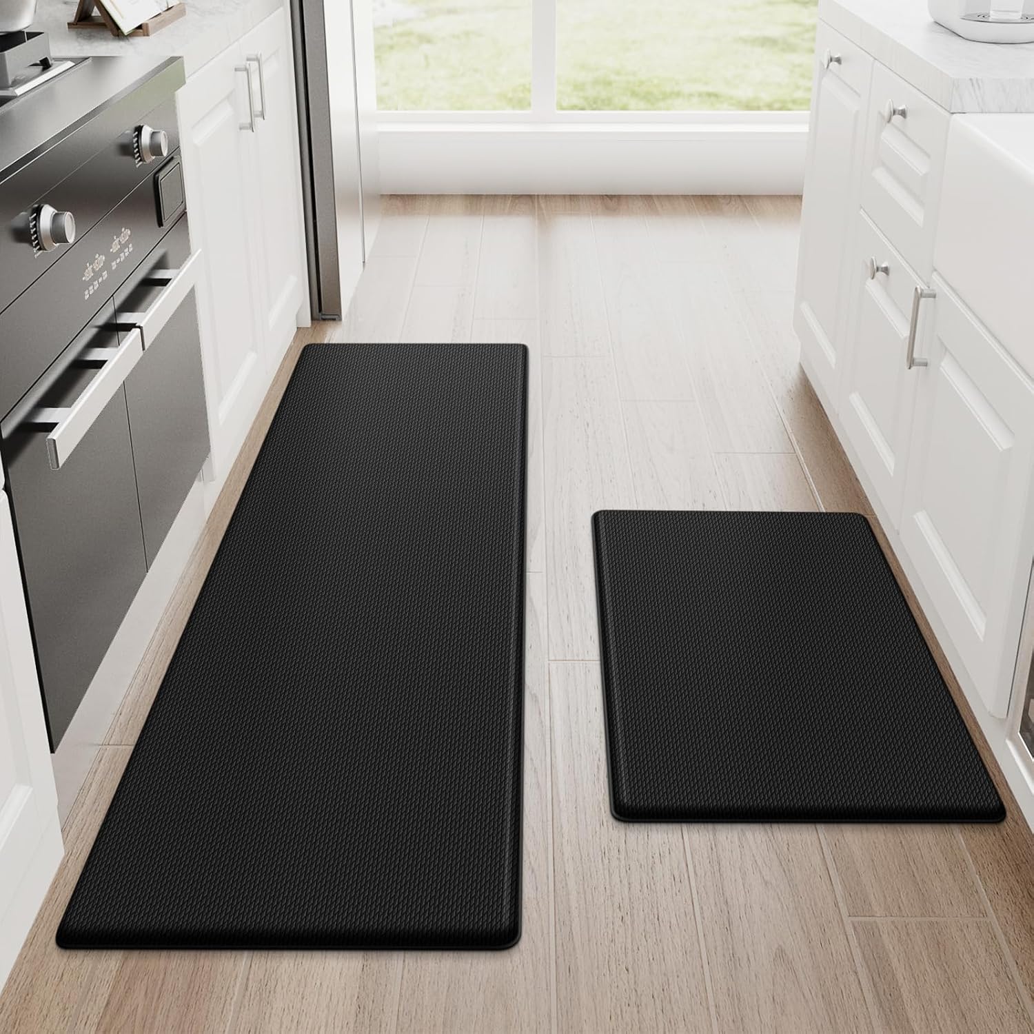 StepRite Kitchen Mats, 2PCS Kitchen Rugs, Cushioned Anti Fatigue Kitchen Mats for Floor, Non-Slip Standing Desk Mat, Waterproof Kitchen Rug Set for Kitchen,20" x 32"+20" x 94.5"-Full 1inch Thick,Black