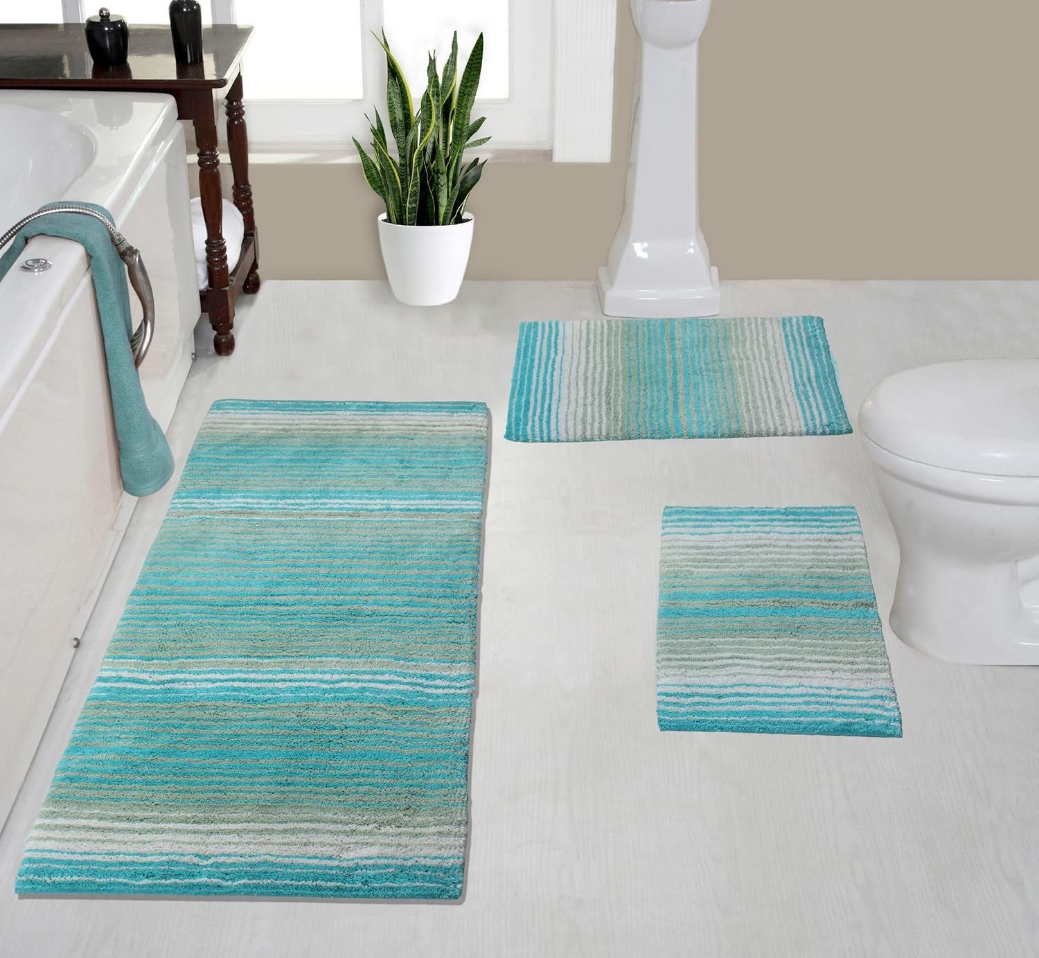 Home Weavers 100% Cotton Gradiation Collection Bathroom Décor, Washable Rug, Bathroom Mat, Kitchen Mat, Bathroom Rug Set, Bath Mat Set, Bath Floor Mat Non Slip, 4 Piece Set with Runner, Turquoise
