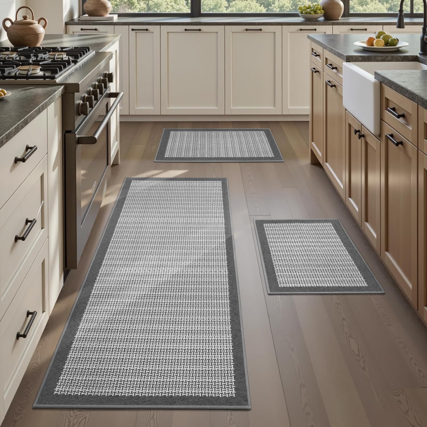 PADOOR Non Slip Kitchen Rugs Sets of 3 - Extra Large 2.5'x6' + 20"x32" + 20"x32" Runner Rugs for Kitchen Floor Non Skid Washable, Absorbent Kitchen Mat for in Front of Sink 3 Piece Grey