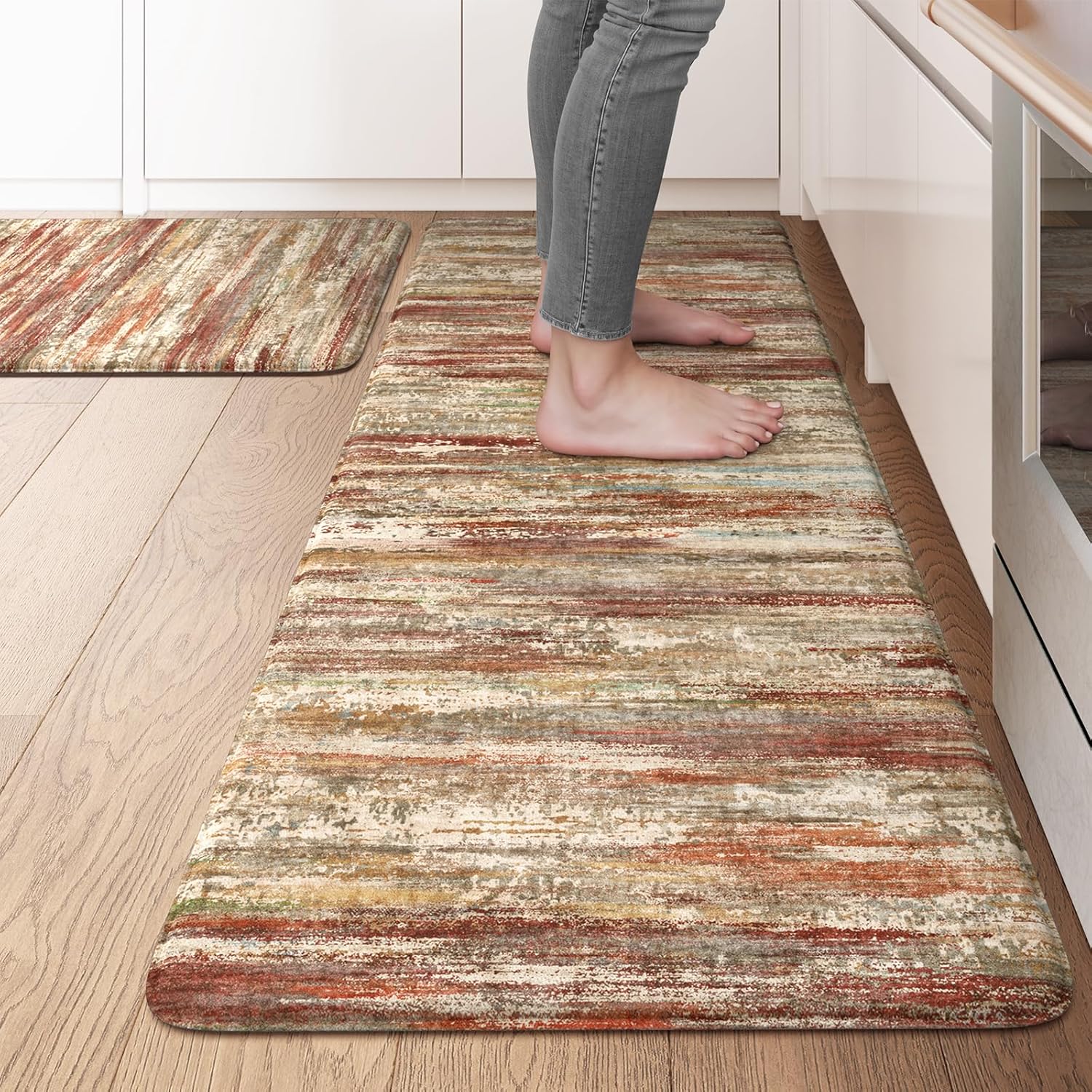 KIMODE Kitchen Anti Fatigue Mats, Farmhouse Abstract Kitchen Rugs Sets of 2, Memory Foam Kitchen Mats for Floor, Waterproof Non Skid Standing Mats for Sink Laundry Office Desk Brown 20"x71"+20"x32"