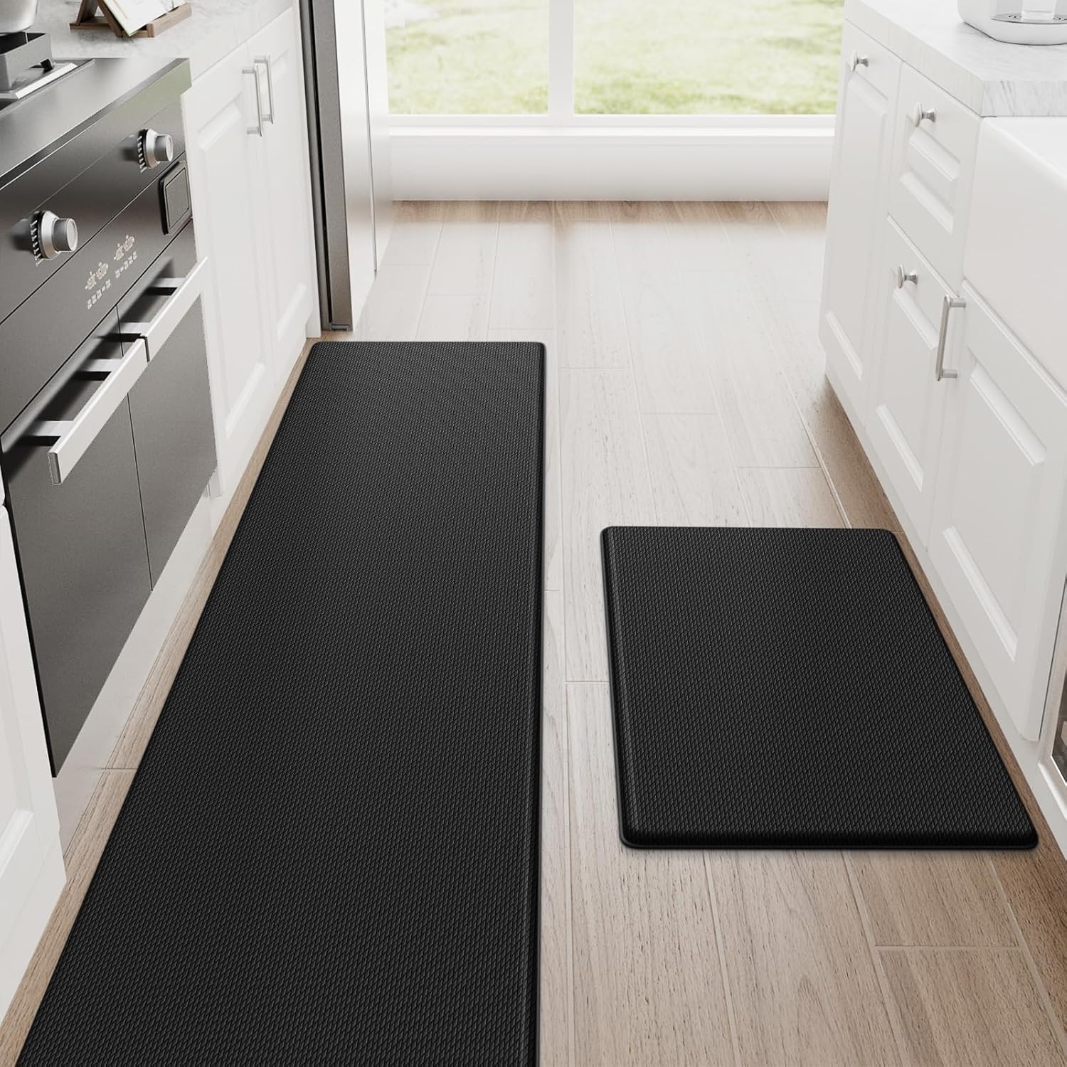 StepRite Kitchen Mats, 2PCS Kitchen Rugs, Cushioned Anti Fatigue Kitchen Mats for Floor, Non-Slip Standing Desk Mat, Waterproof Kitchen Rug Set for Kitchen,20" x 32"+20" x 94.5"-Full 1inch Thick,Black