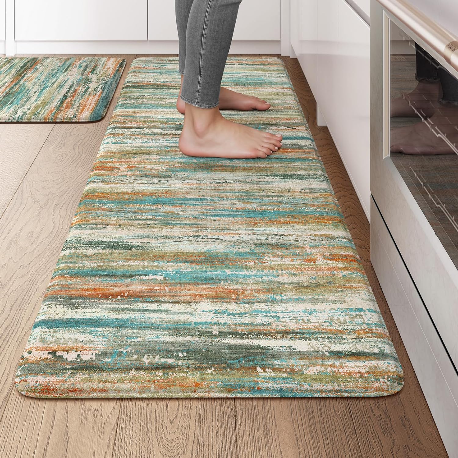 KIMODE Kitchen Anti Fatigue Mats, Farmhouse Abstract Kitchen Rugs Sets of 2, Memory Foam Kitchen Mats for Floor, Waterproof Non Skid Standing Mats for Sink Laundry Office Desk Brown 20"x71"+20"x32"