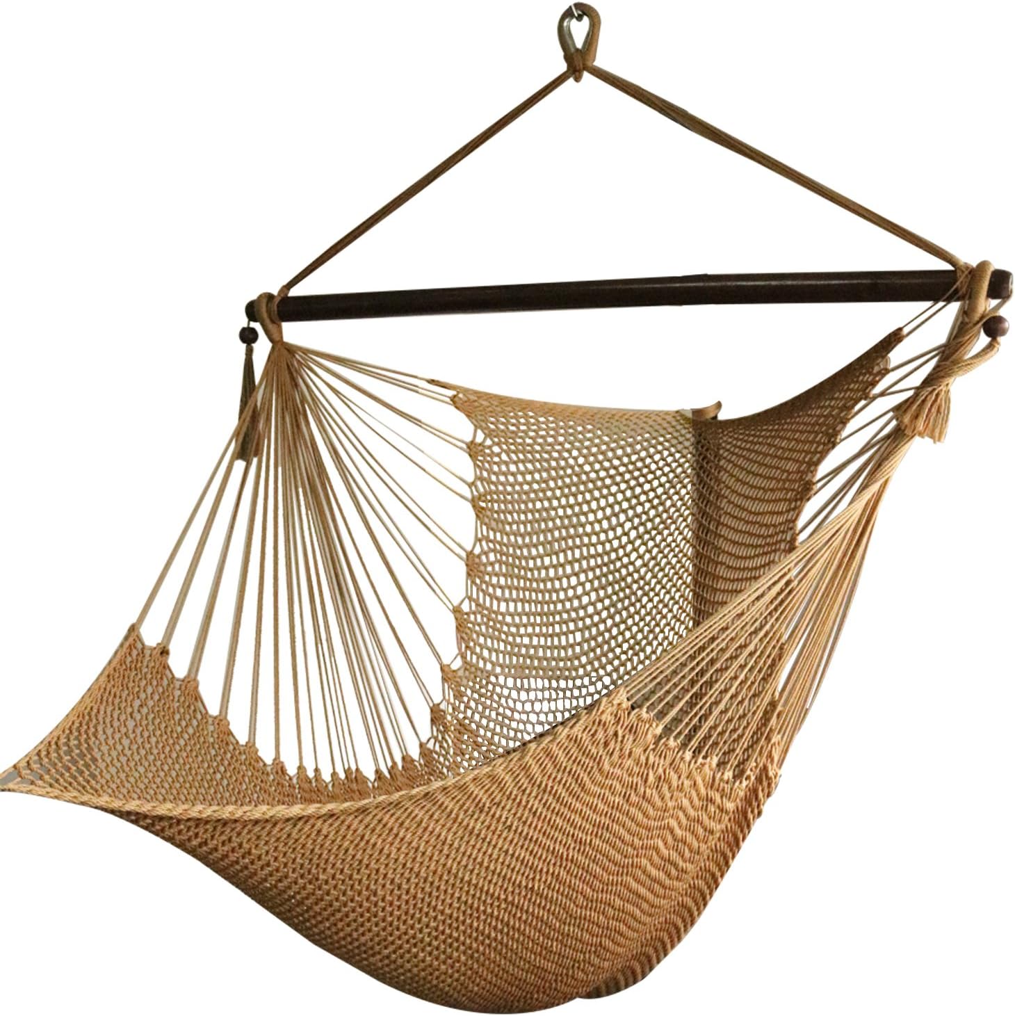 Upgraded Caribbean Hammock Chair with Detachable Metal Bar, Large Hammock Swing Chair, XL Rope Hanging Chair for Outdoor Indoor, 330 LBS Weight Capacity, SaddleBrown