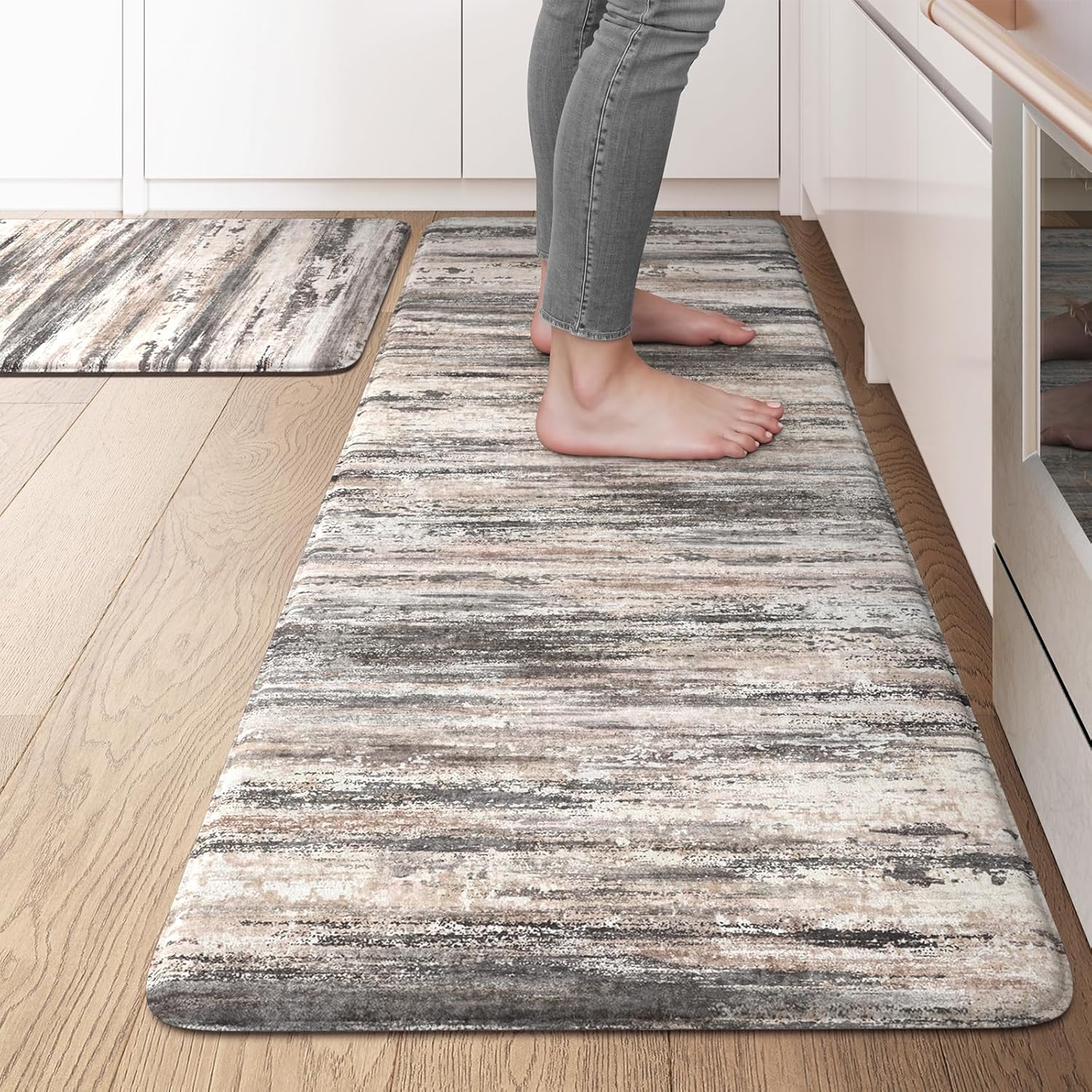 KIMODE Kitchen Anti Fatigue Mats, Farmhouse Abstract Kitchen Rugs Sets of 2, Memory Foam Kitchen Mats for Floor, Waterproof Non Skid Standing Mats for Sink Laundry Office Desk Brown 20"x71"+20"x32"