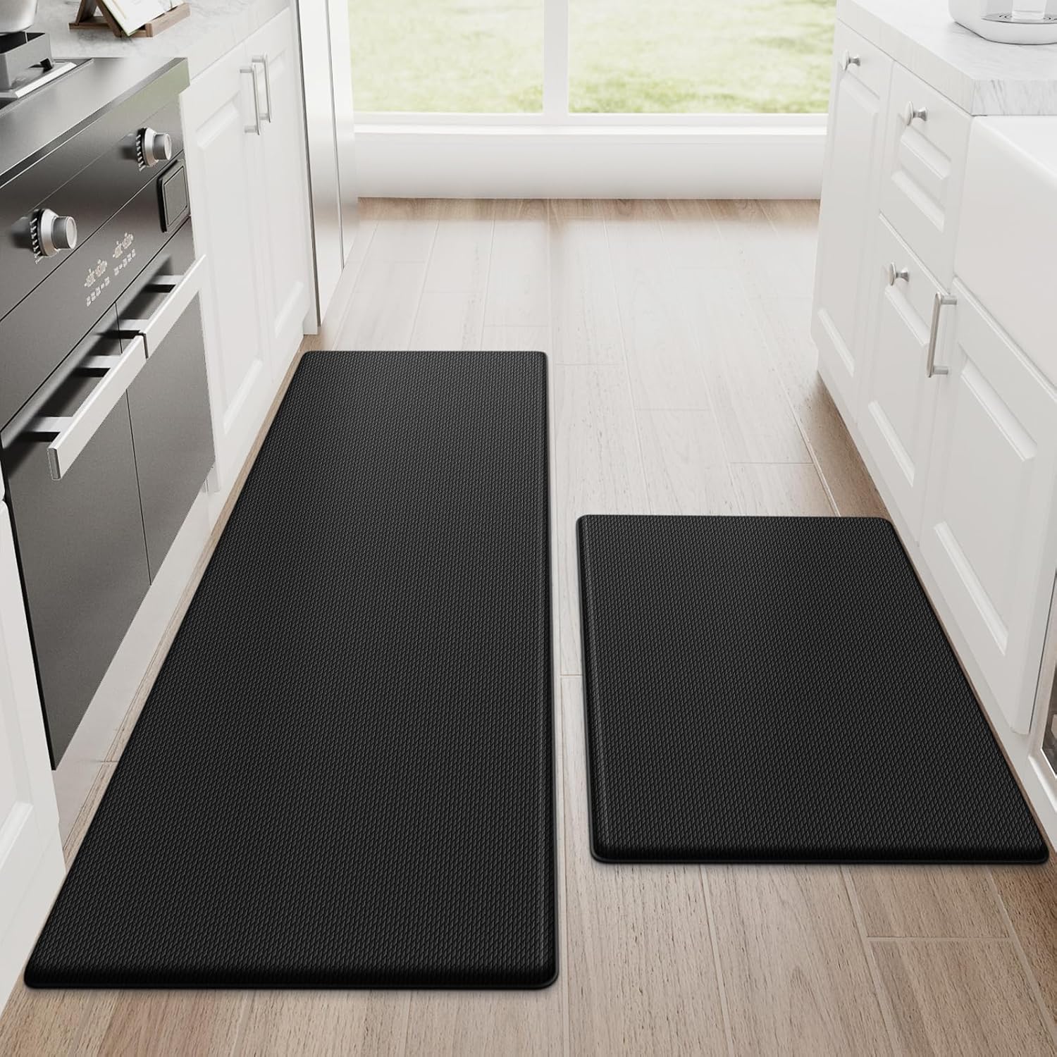 StepRite Kitchen Mats, 2PCS Kitchen Rugs, Cushioned Anti Fatigue Kitchen Mats for Floor, Non-Slip Standing Desk Mat, Waterproof Kitchen Rug Set for Kitchen,20" x 32"+20" x 94.5"-Full 1inch Thick,Black
