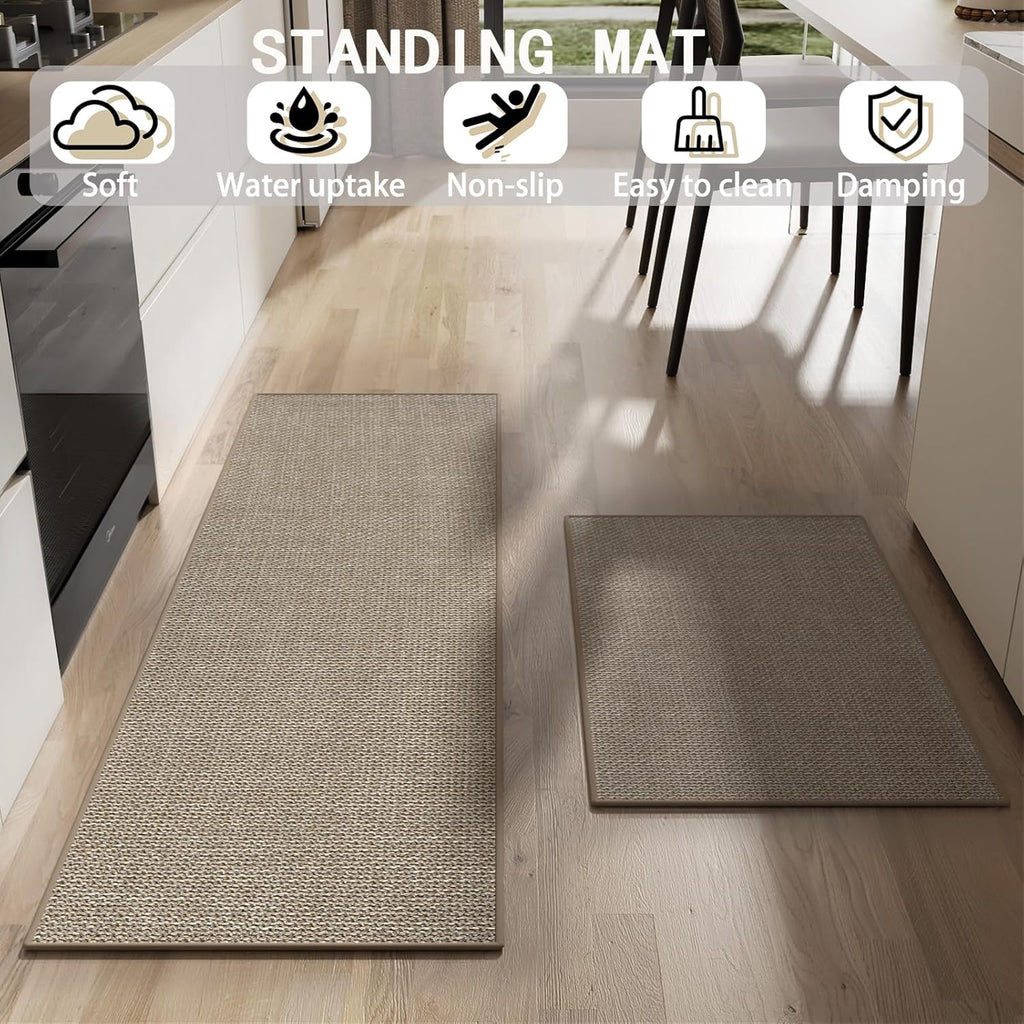 Kitchen Mats for Floor 2 Piece (Khaki Rug, 47.2“×19.7“+70.8“×19.7“), Kitchen Rugs Non Slip Washable Long Hallway Runner Corner L Shaped Rug Set, Non Slip Runner Rug Door Mat Bathroom Laundry Room