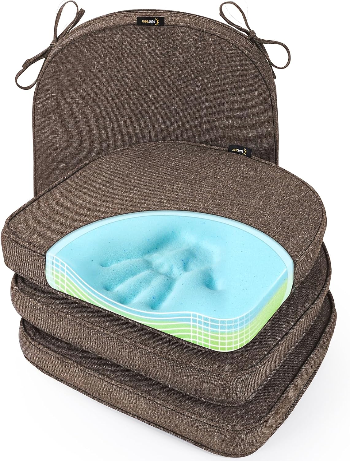 SUNROX Gel Memory Foam Chair Cushions, FadeShield Water-, Stain-Resistant Durable Reversible Seat Cushion Pads with Ties for Indoor/Outdoor Kitchen Dining Office, 17"x16", Set of 6, Heather Grey