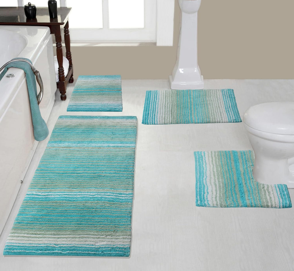 Home Weavers 100% Cotton Gradiation Collection Bathroom Décor, Washable Rug, Bathroom Mat, Kitchen Mat, Bathroom Rug Set, Bath Mat Set, Bath Floor Mat Non Slip, 4 Piece Set with Runner, Turquoise