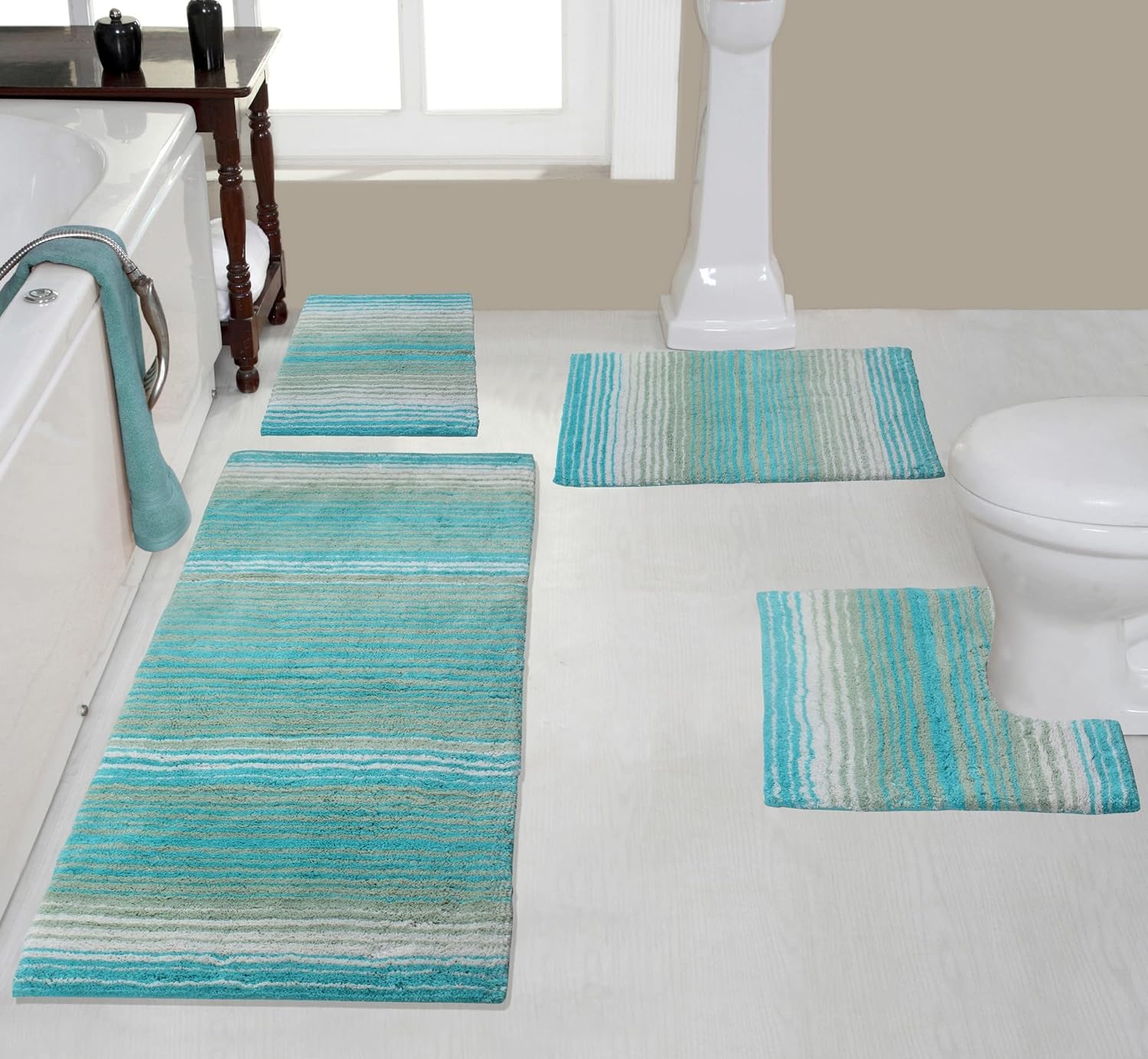 Home Weavers 100% Cotton Gradiation Collection Bathroom Décor, Washable Rug, Bathroom Mat, Kitchen Mat, Bathroom Rug Set, Bath Mat Set, Bath Floor Mat Non Slip, 4 Piece Set with Runner, Turquoise