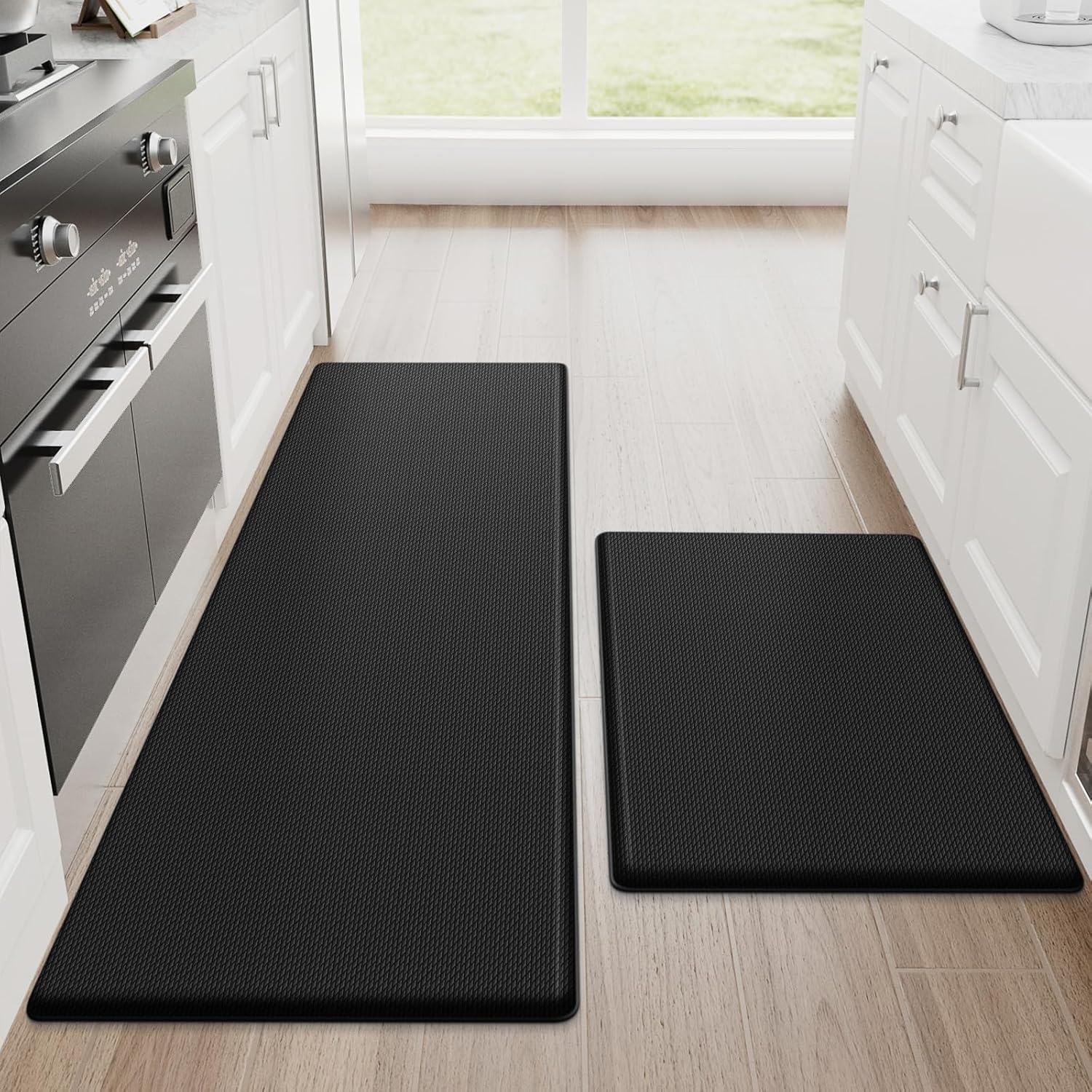 StepRite Kitchen Mats, 2PCS Kitchen Rugs, Cushioned Anti Fatigue Kitchen Mats for Floor, Non-Slip Standing Desk Mat, Waterproof Kitchen Rug Set for Kitchen,20" x 32"+20" x 94.5"-Full 1inch Thick,Black