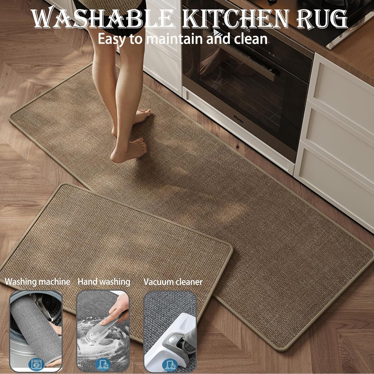 Kitchen Mats for Floor 2 Piece (Khaki Rug, 47.2“×19.7“+70.8“×19.7“), Kitchen Rugs Non Slip Washable Long Hallway Runner Corner L Shaped Rug Set, Non Slip Runner Rug Door Mat Bathroom Laundry Room