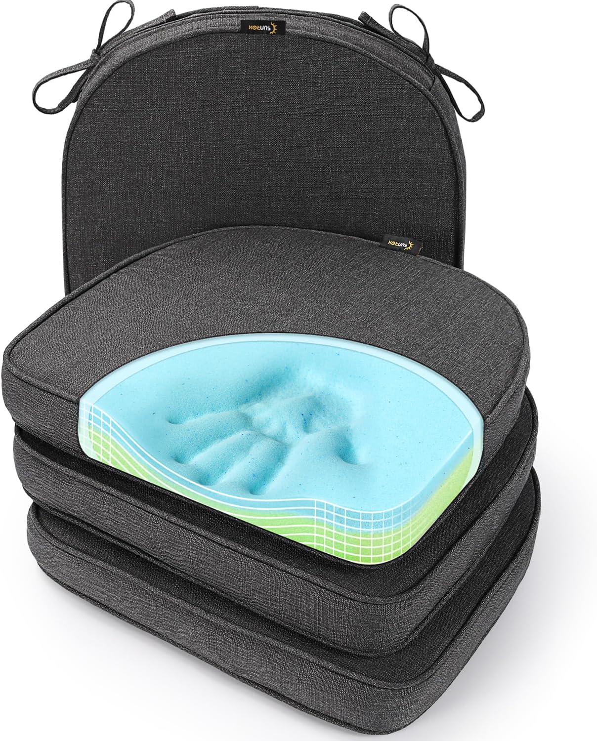 SUNROX Gel Memory Foam Chair Cushions, FadeShield Water-, Stain-Resistant Durable Reversible Seat Cushion Pads with Ties for Indoor/Outdoor Kitchen Dining Office, 17"x16", Set of 6, Heather Grey