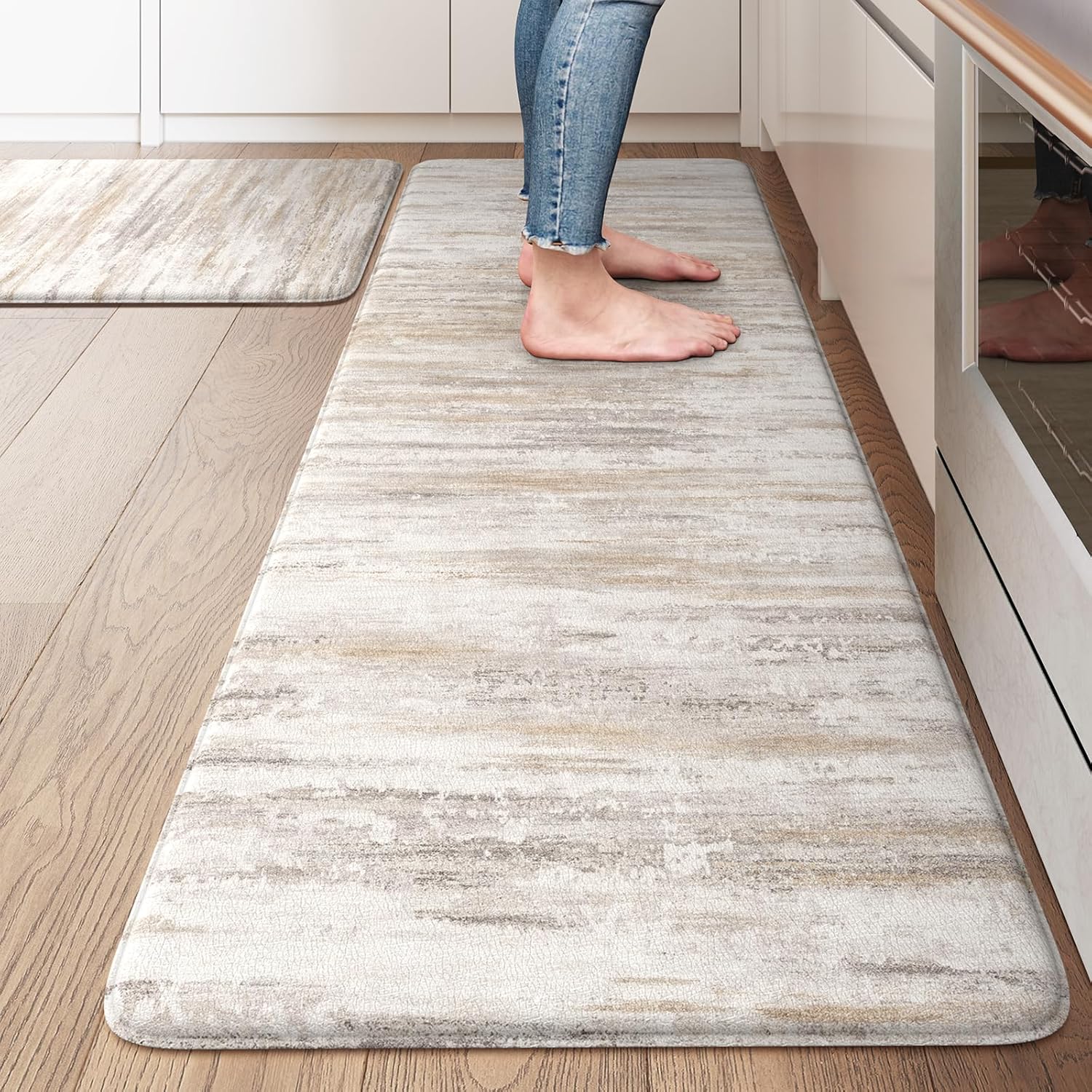 KIMODE Kitchen Anti Fatigue Mats, Farmhouse Abstract Kitchen Rugs Sets of 2, Memory Foam Kitchen Mats for Floor, Waterproof Non Skid Standing Mats for Sink Laundry Office Desk Brown 20"x71"+20"x32"