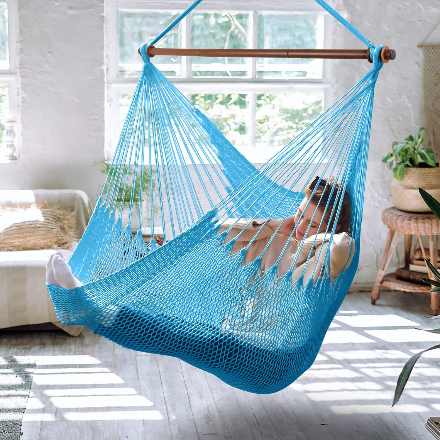 Upgraded Caribbean Hammock Chair with Detachable Metal Bar, Large Hammock Swing Chair, XL Rope Hanging Chair for Outdoor Indoor, 330 LBS Weight Capacity, SaddleBrown