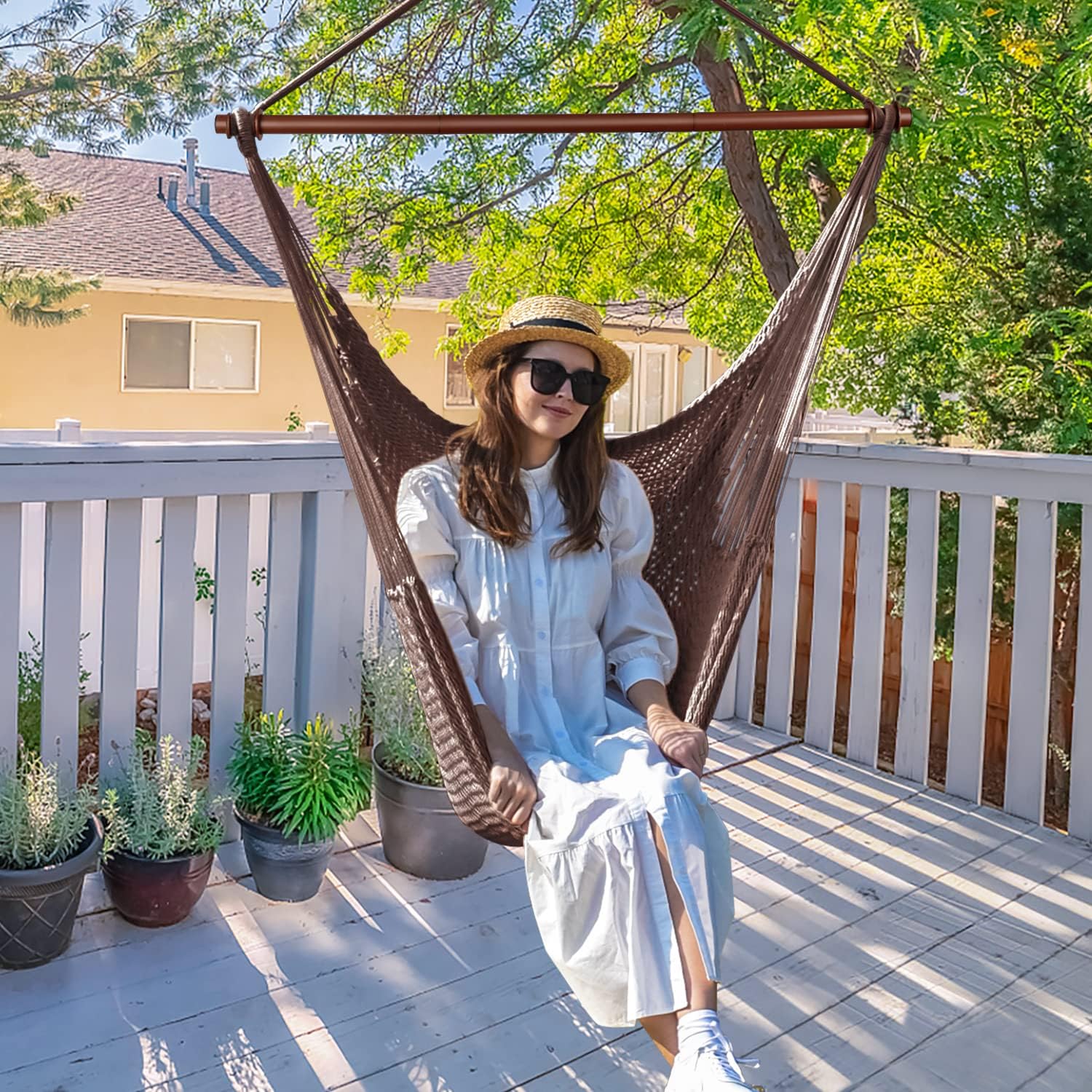 Upgraded Caribbean Hammock Chair with Detachable Metal Bar, Large Hammock Swing Chair, XL Rope Hanging Chair for Outdoor Indoor, 330 LBS Weight Capacity, SaddleBrown