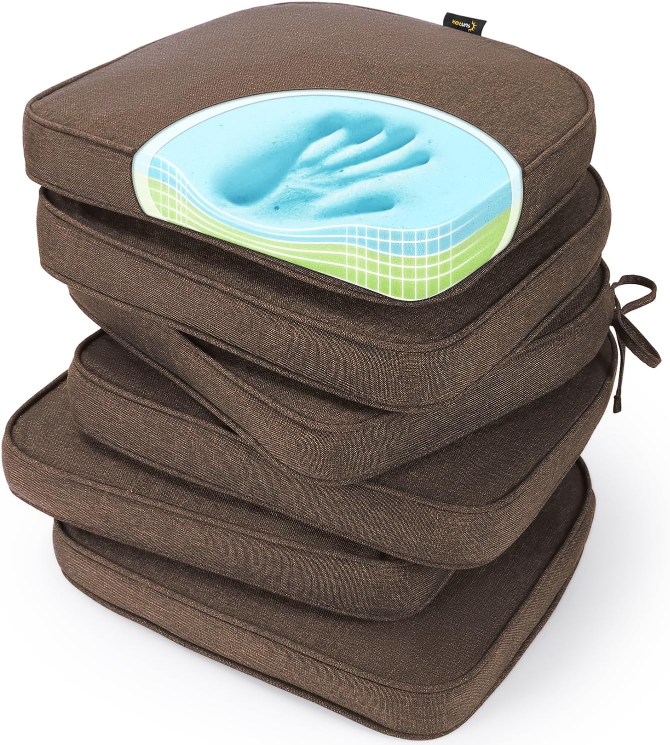 SUNROX Gel Memory Foam Chair Cushions, FadeShield Water-, Stain-Resistant Durable Reversible Seat Cushion Pads with Ties for Indoor/Outdoor Kitchen Dining Office, 17"x16", Set of 6, Heather Grey