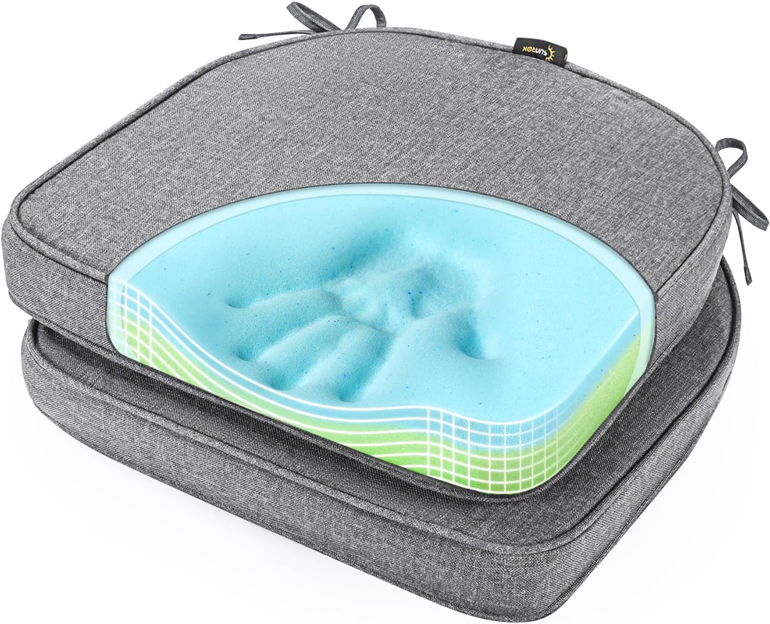 SUNROX Gel Memory Foam Chair Cushions, FadeShield Water-, Stain-Resistant Durable Reversible Seat Cushion Pads with Ties for Indoor/Outdoor Kitchen Dining Office, 17"x16", Set of 6, Heather Grey