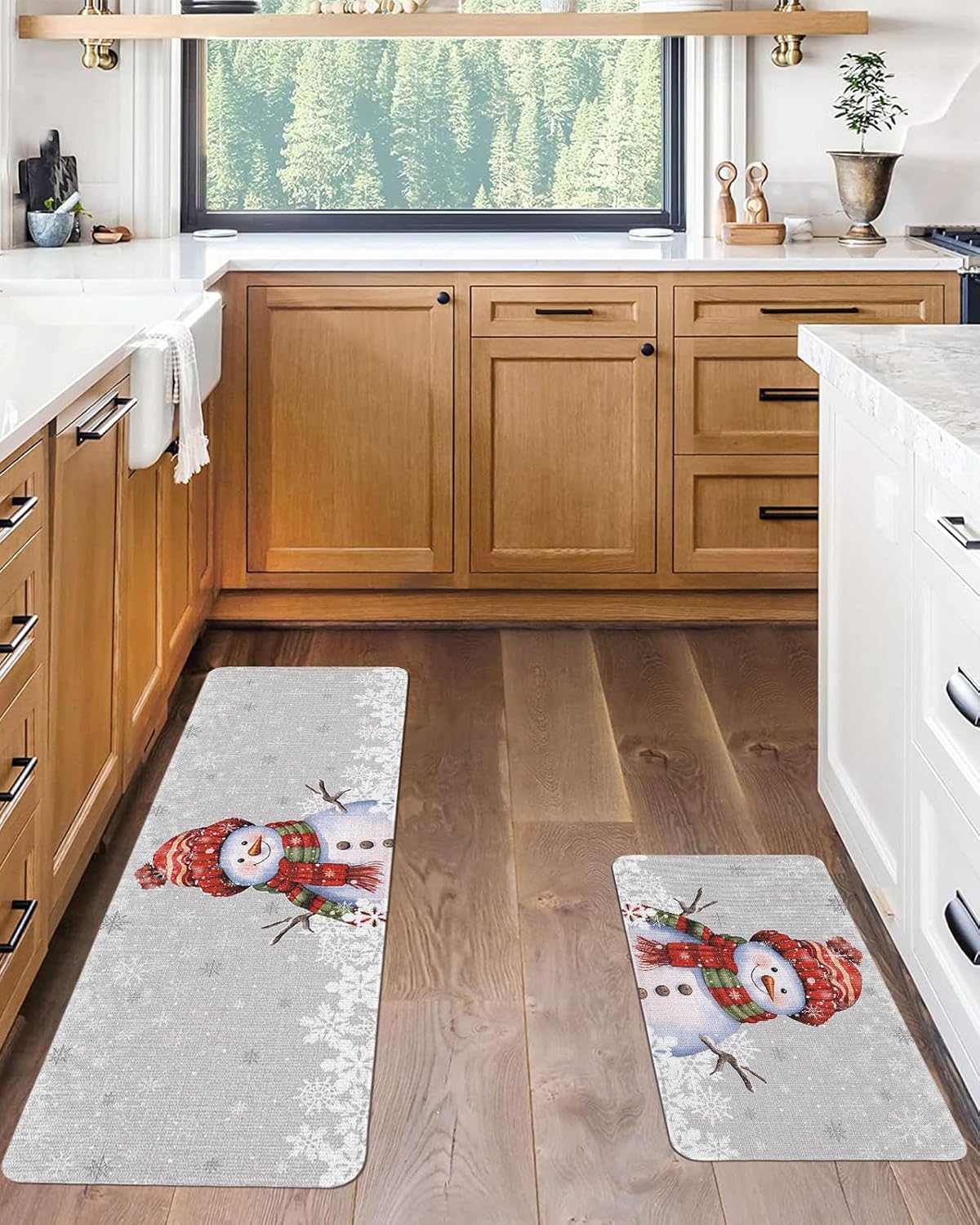 Christmas Snowman Snowflake Kitchen Mat Set of 2,Anti-Fatigue Kitchen Rugs,Waterproof Non-Slipping Kitchen Mat for Floor,Grey White Winter Holiday Durable Kitchen Rugs and Mats for Kitchen & Laundry