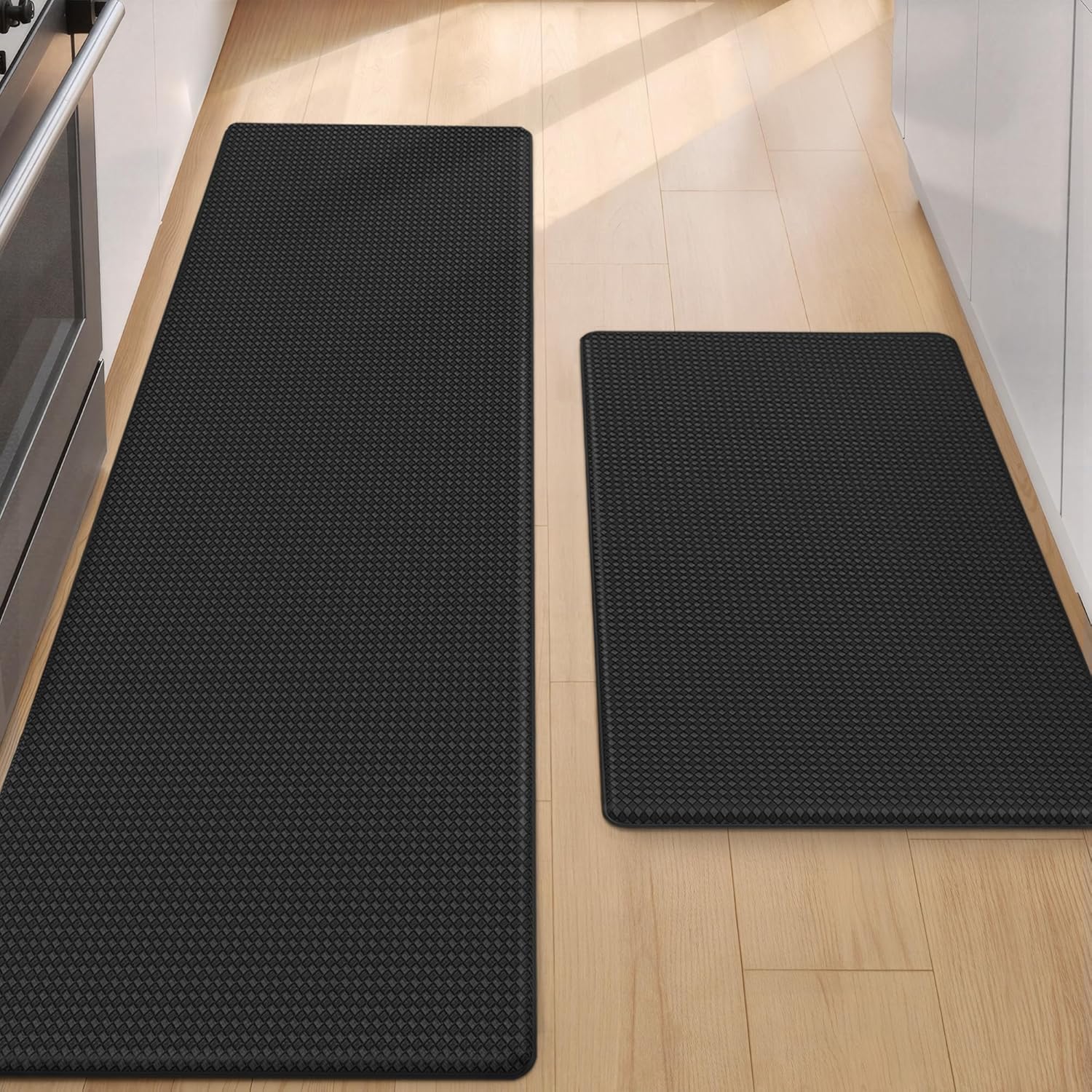 Color&Geometry Anti Fatigue Cushion Padded Kitchen Mat for Floor - 24x59+24x94,Easy Clean, Waterproof & Oil Proof, Anti Slip, Foam Rubber Runner Rug for Front Sink Comfort Standing, Black Set of 2