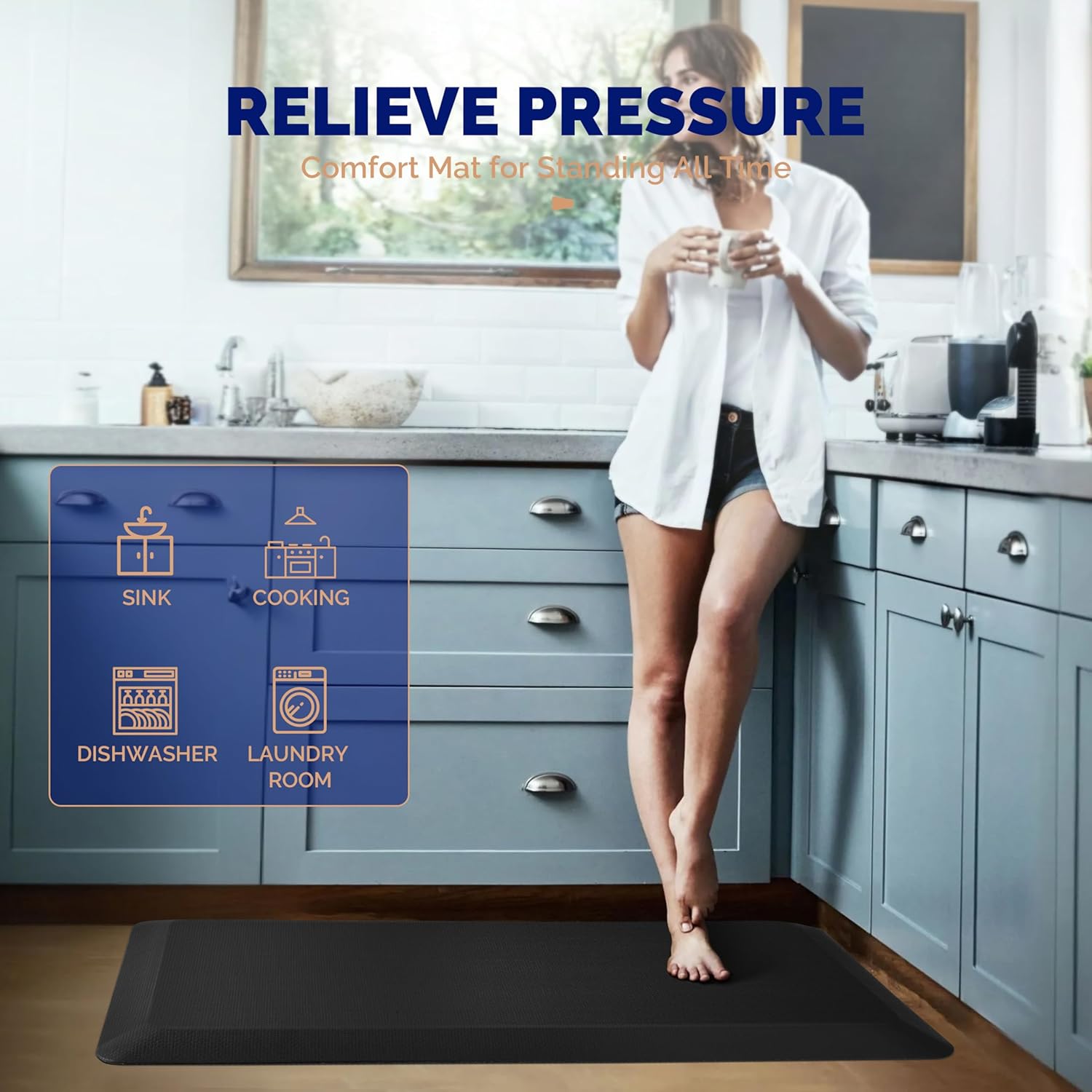 FEATOL 4 Packs Anti Fatigue Mats Thick Cushioned Standing Desk Mat Office, Ergonomic Kitchen Mats Set of 4, Memory Foam Comfort Floor Mat Padded Foam Rugs, Stain Resistant, Non-Slip (20" x 32", Black)