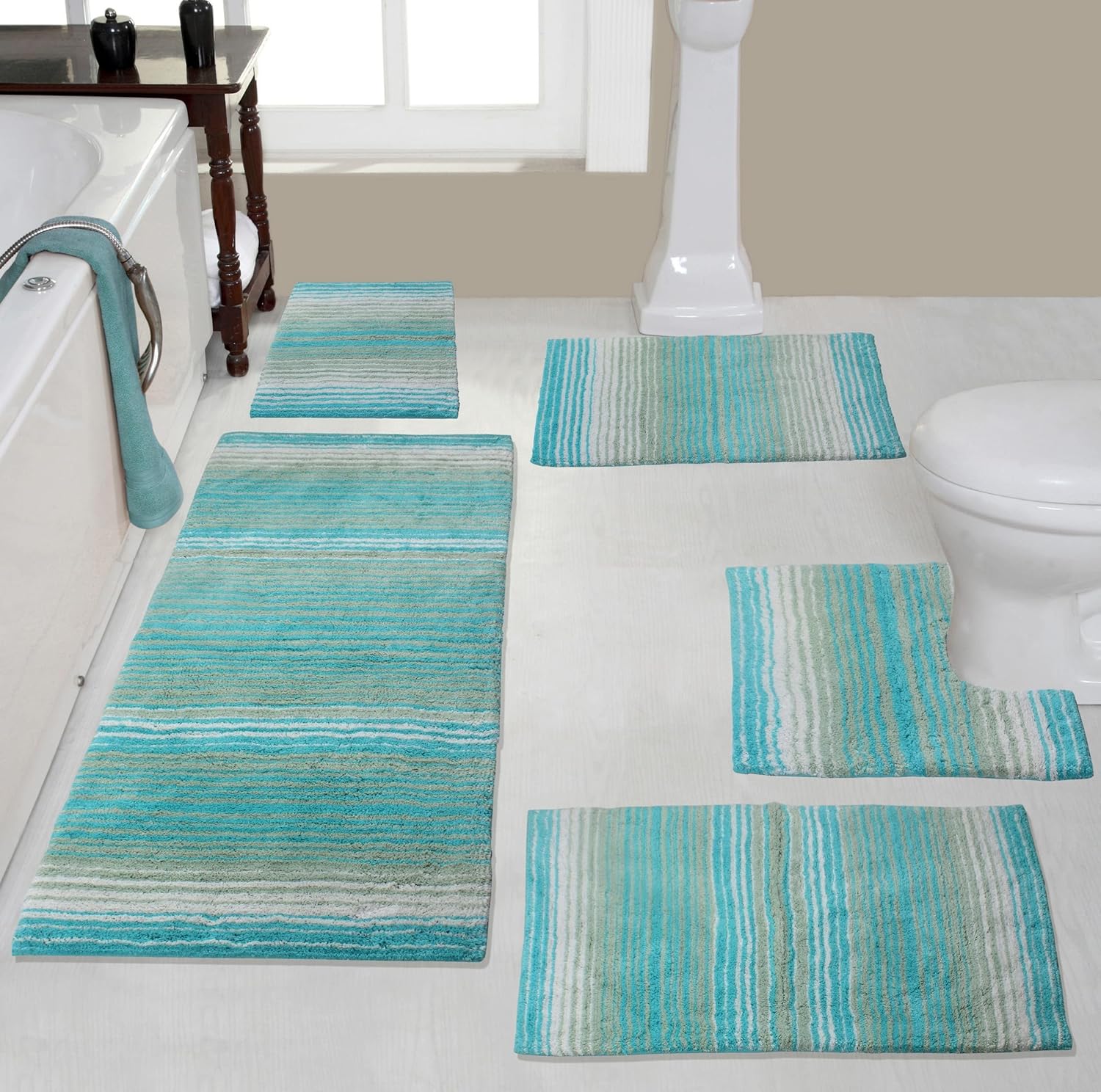 Home Weavers 100% Cotton Gradiation Collection Bathroom Décor, Washable Rug, Bathroom Mat, Kitchen Mat, Bathroom Rug Set, Bath Mat Set, Bath Floor Mat Non Slip, 4 Piece Set with Runner, Turquoise