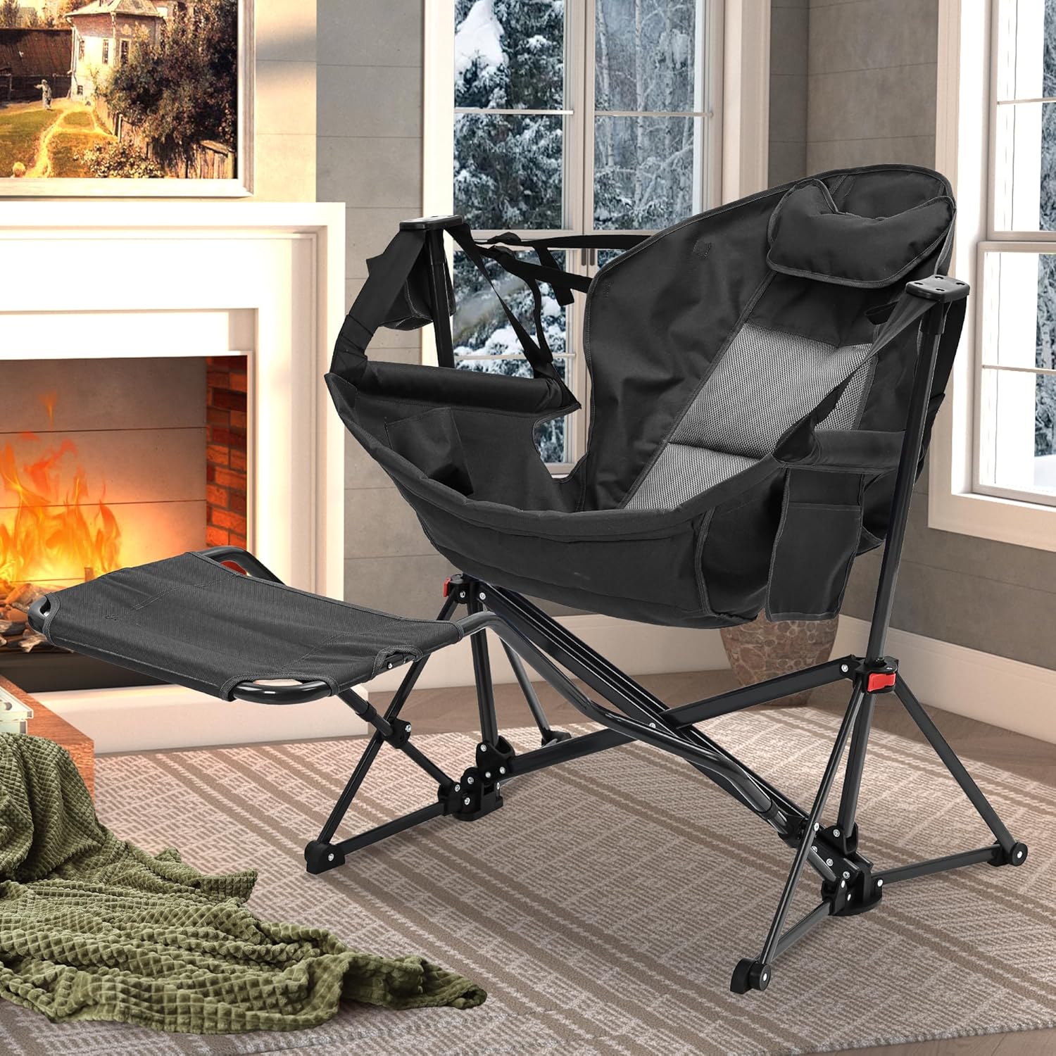 Ainfox Hammock Camping Chair with Footrest, Foldable Portable Rocking Chairs for Adults Outside Swinging Camp with Cup Holder Pillow for Outdoor Patio Poolside (Black)