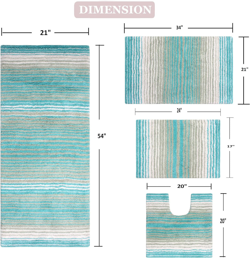 Home Weavers 100% Cotton Gradiation Collection Bathroom Décor, Washable Rug, Bathroom Mat, Kitchen Mat, Bathroom Rug Set, Bath Mat Set, Bath Floor Mat Non Slip, 4 Piece Set with Runner, Turquoise