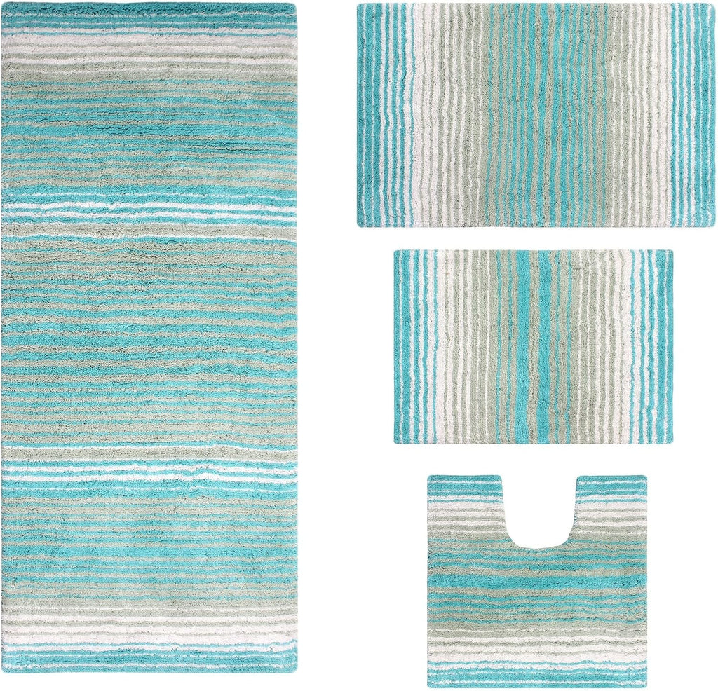 Home Weavers 100% Cotton Gradiation Collection Bathroom Décor, Washable Rug, Bathroom Mat, Kitchen Mat, Bathroom Rug Set, Bath Mat Set, Bath Floor Mat Non Slip, 4 Piece Set with Runner, Turquoise