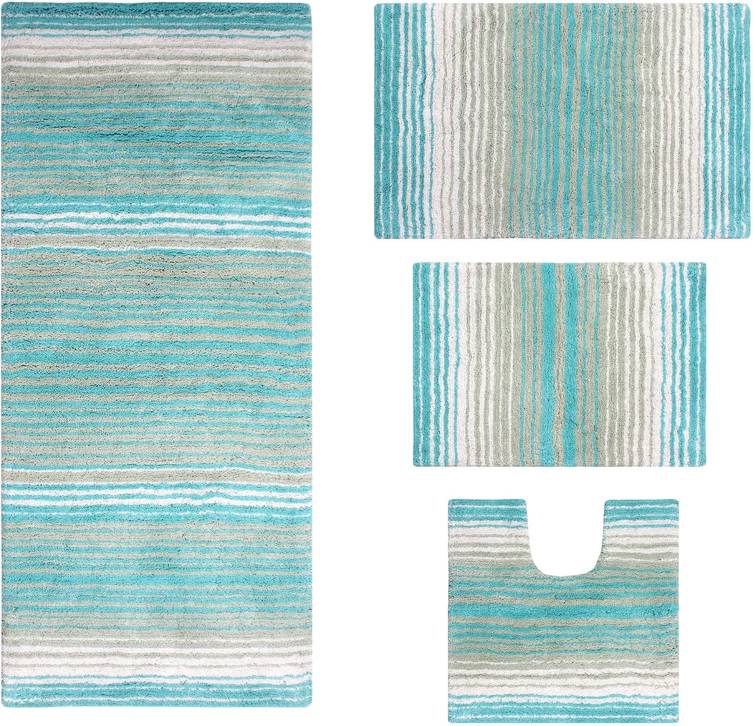 Home Weavers 100% Cotton Gradiation Collection Bathroom Décor, Washable Rug, Bathroom Mat, Kitchen Mat, Bathroom Rug Set, Bath Mat Set, Bath Floor Mat Non Slip, 4 Piece Set with Runner, Turquoise